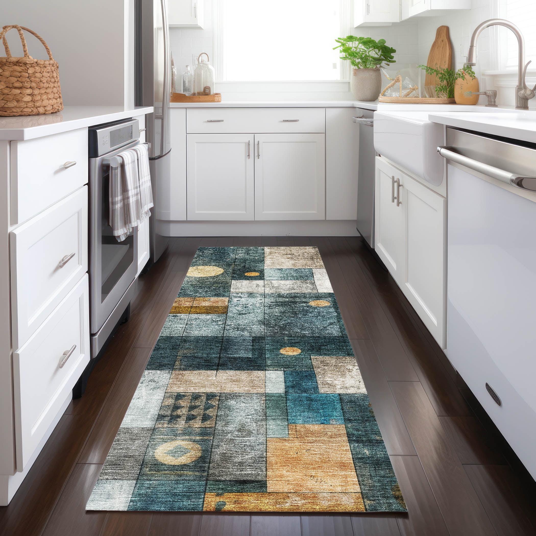 Teal and Beige Geometric Washable Indoor/Outdoor Runner Rug