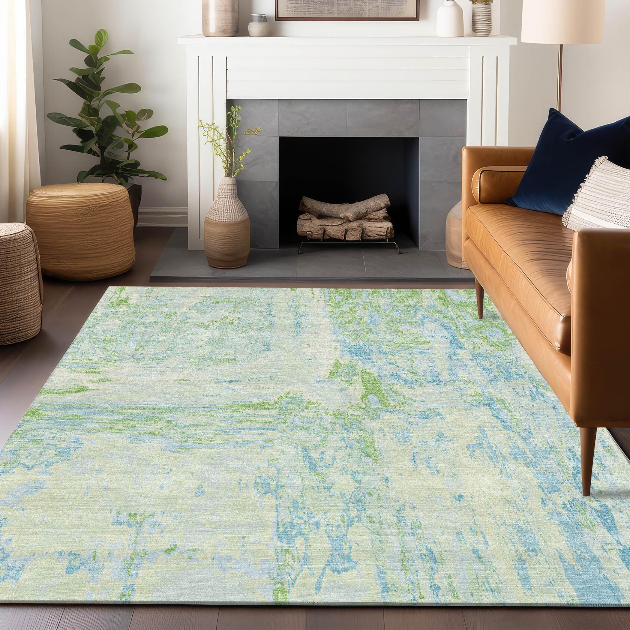 Mint and Blue Synthetic Washable Rectangular Rug 46" x 30"