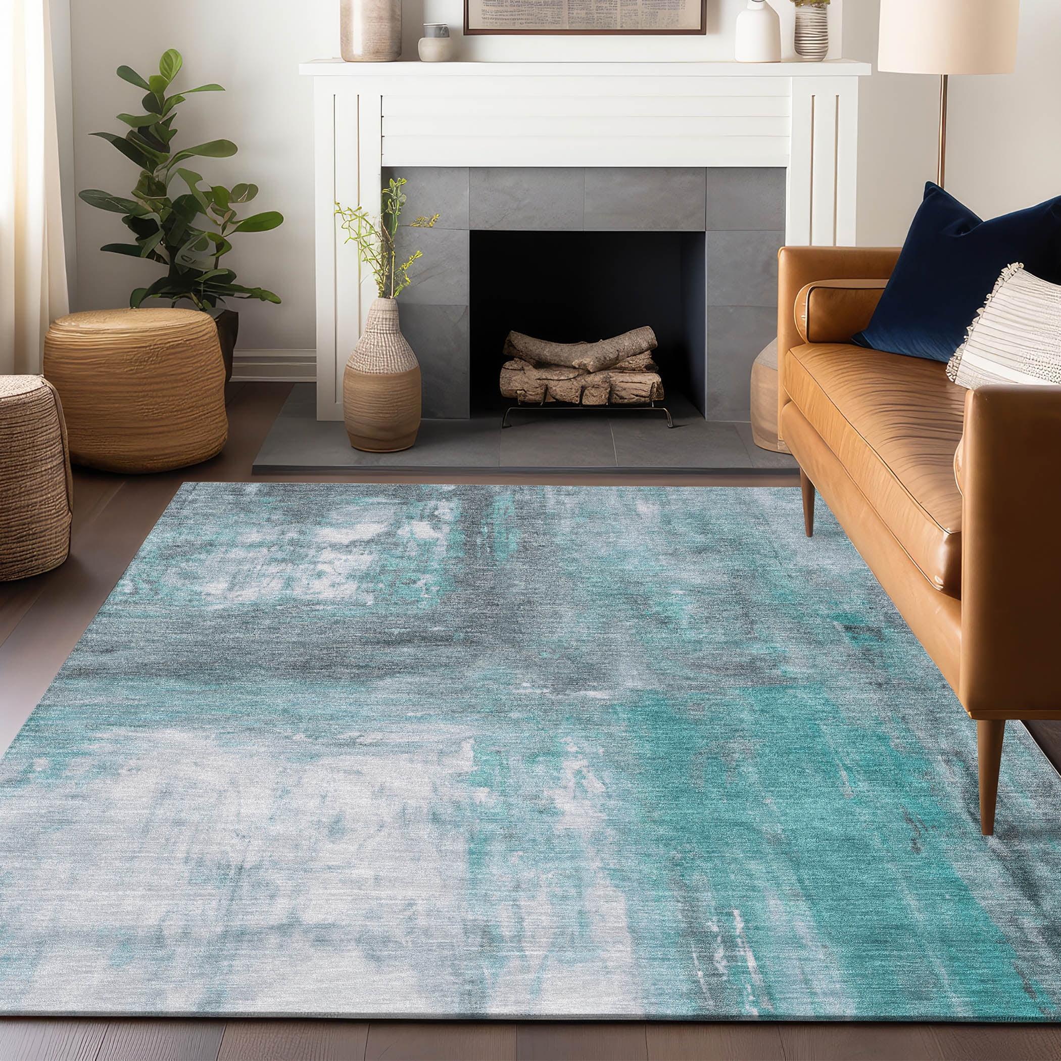 Teal and Gray Abstract Washable Synthetic Rug, 2'6" x 3'10"