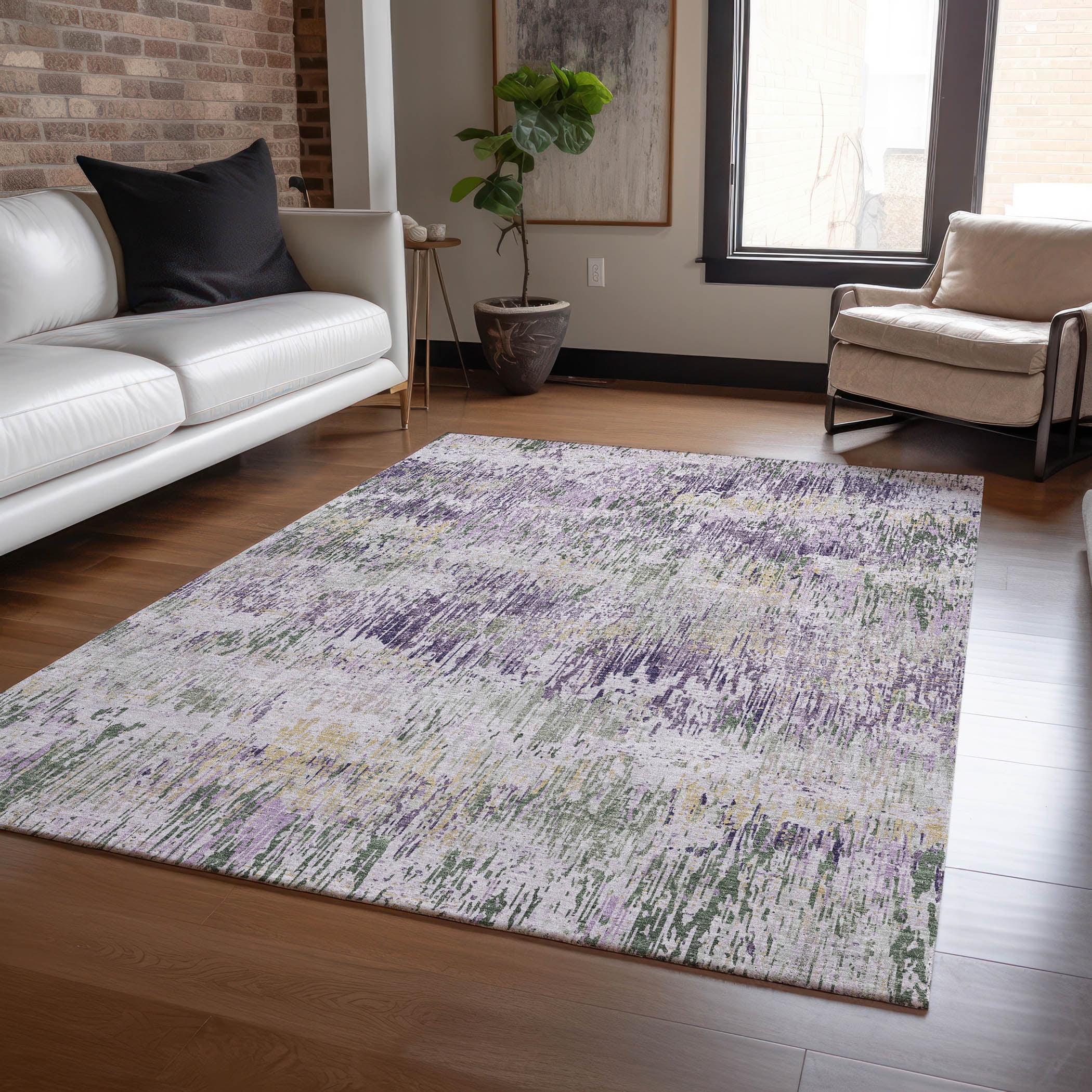 Lavender and Green Flat Woven Synthetic Washable Rug