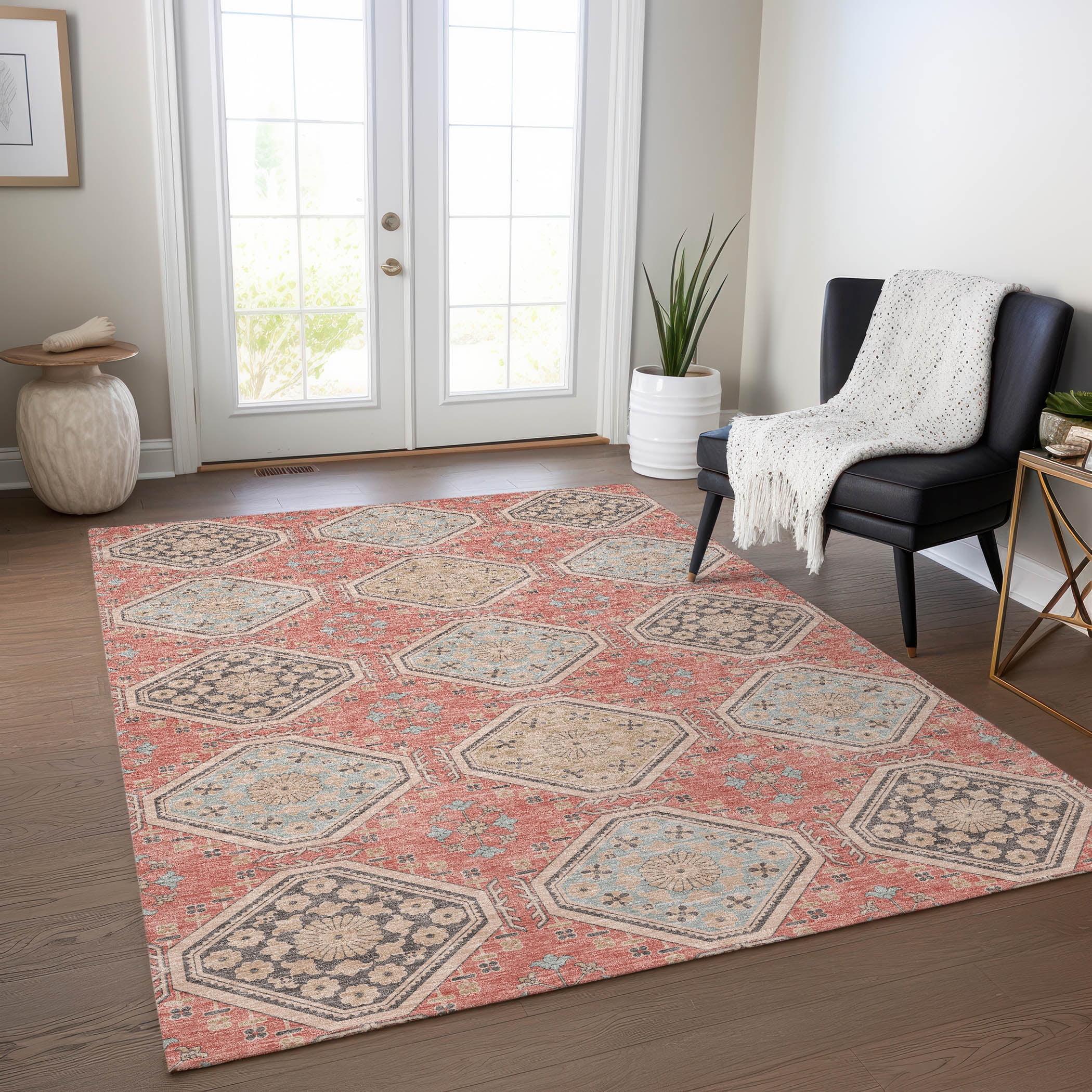 Salmon and Beige Machine Washable Rectangular Rug