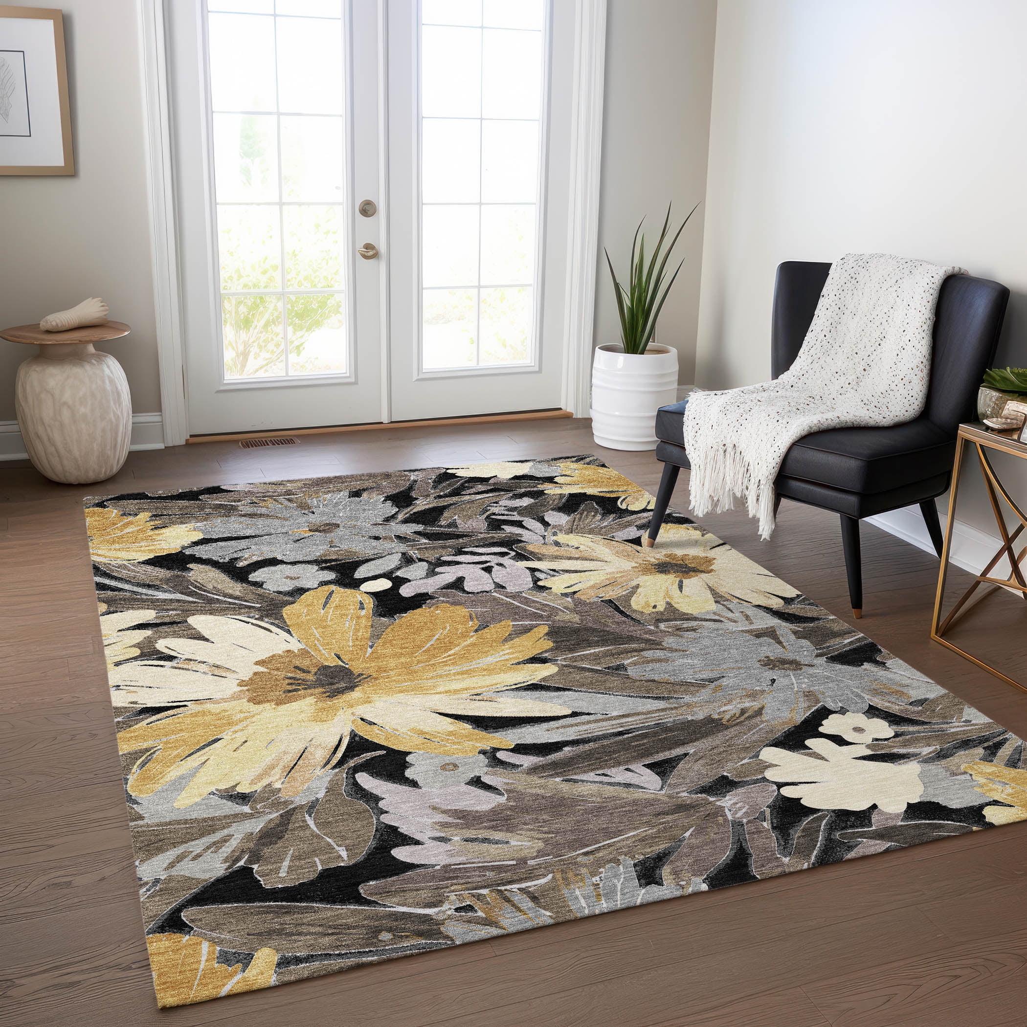 Black and Yellow Floral Synthetic Washable Rug, 2'6" x 3'10"