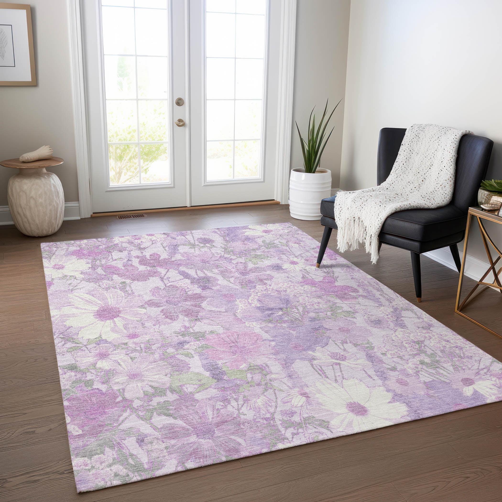 Lavender Floral Rectangular Synthetic Washable Rug 2'6" x 3'10"