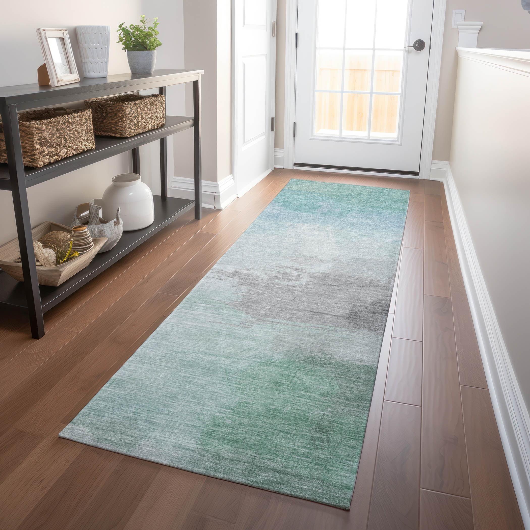 Machine Washable Seafoam and Gray Synthetic Runner Rug