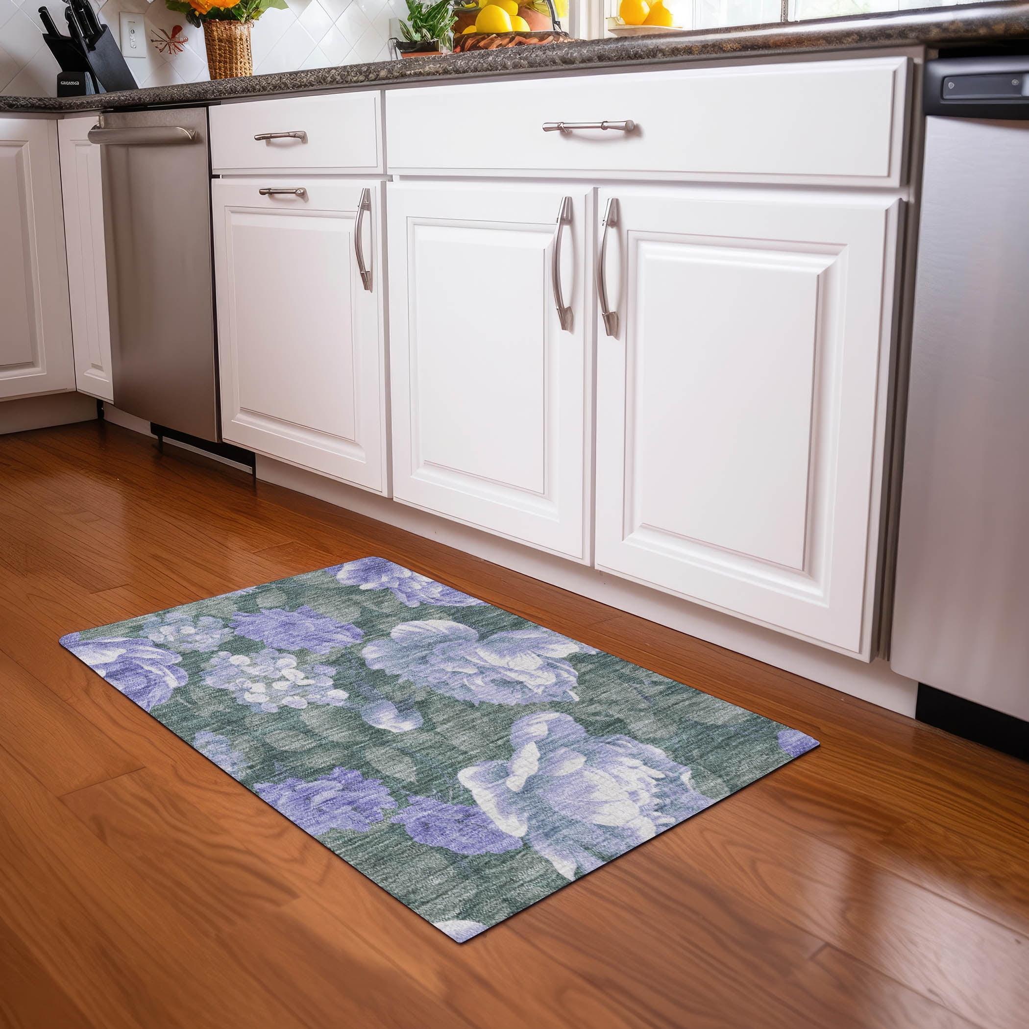 Lavender Floral Pattern Washable Synthetic Area Rug