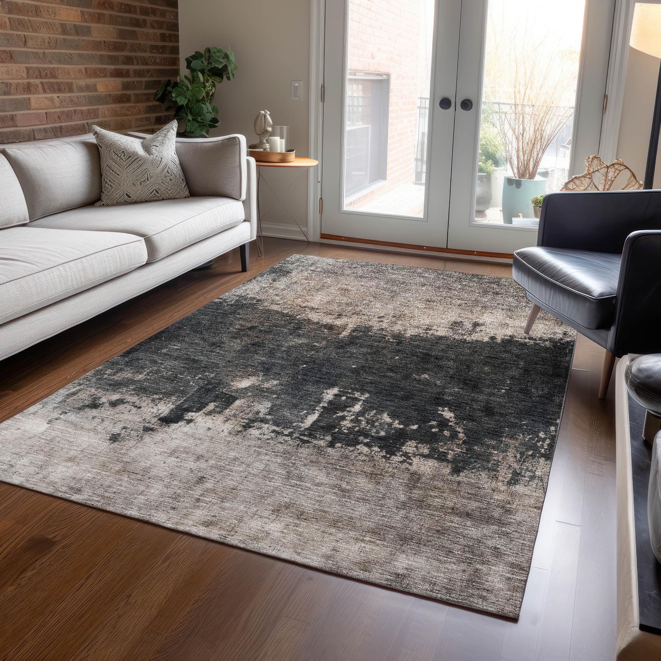 Taupe and Black Abstract Washable Indoor/Outdoor Rug