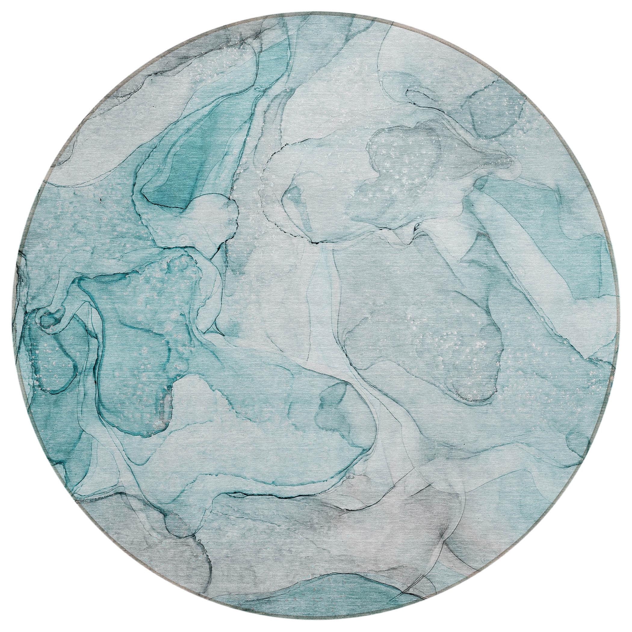 Teal Watercolor Round Machine-Washable Area Rug, 8' x 8'