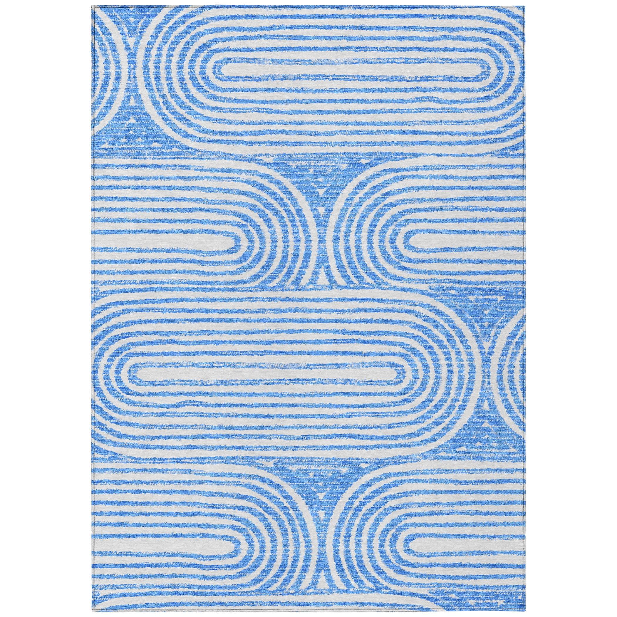 Blue and White Rectangular Machine-Washable Area Rug