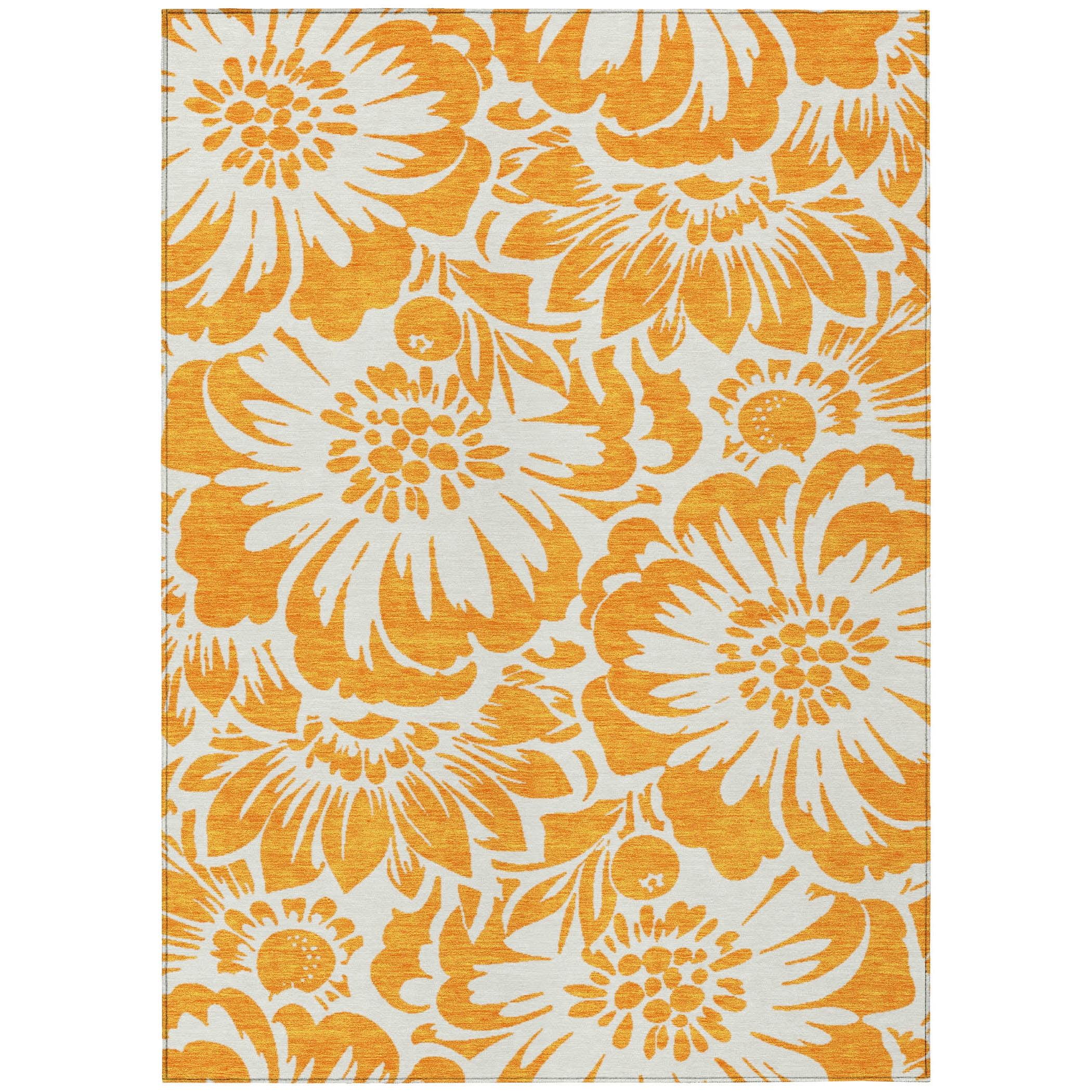 Orange Floral Synthetic Washable Rectangular Rug 2'6" x 3'10"