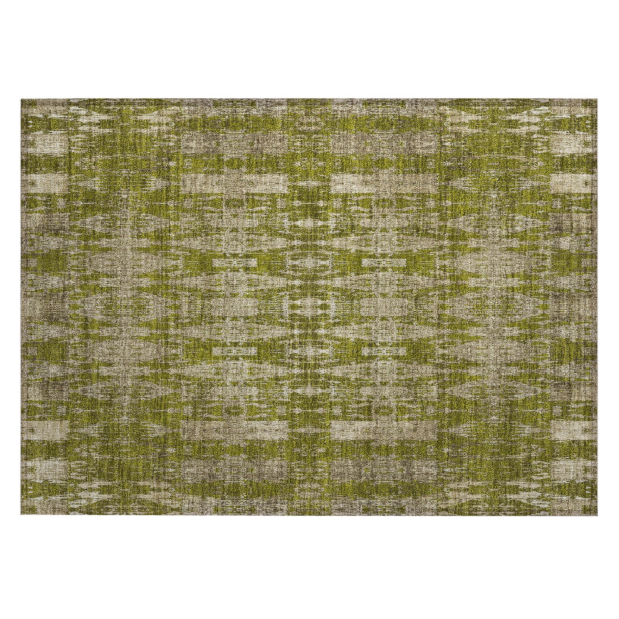 Olive and Beige Rectangular Synthetic Washable Rug