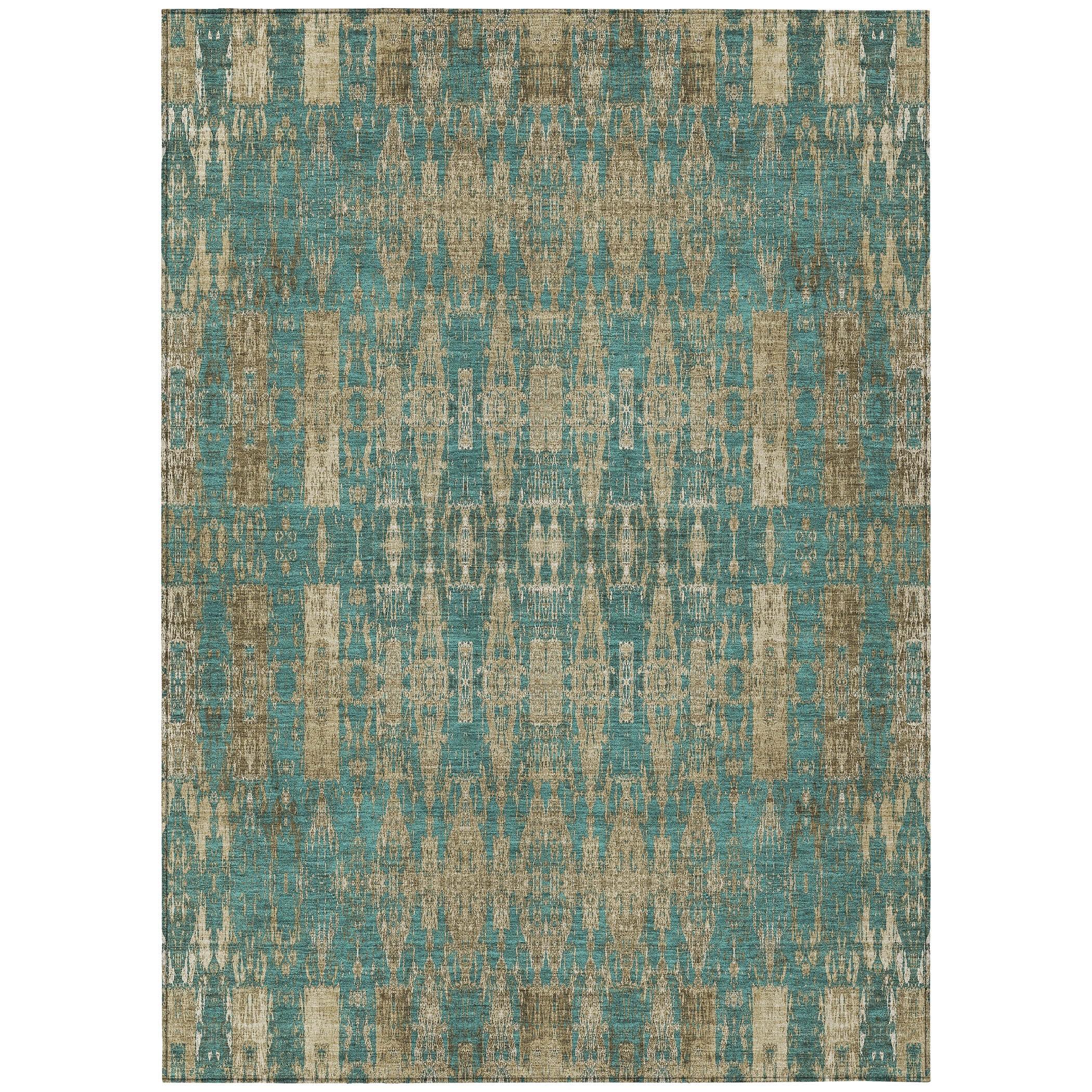 Teal and Beige Moroccan Motif 5' x 7'6" Washable Area Rug