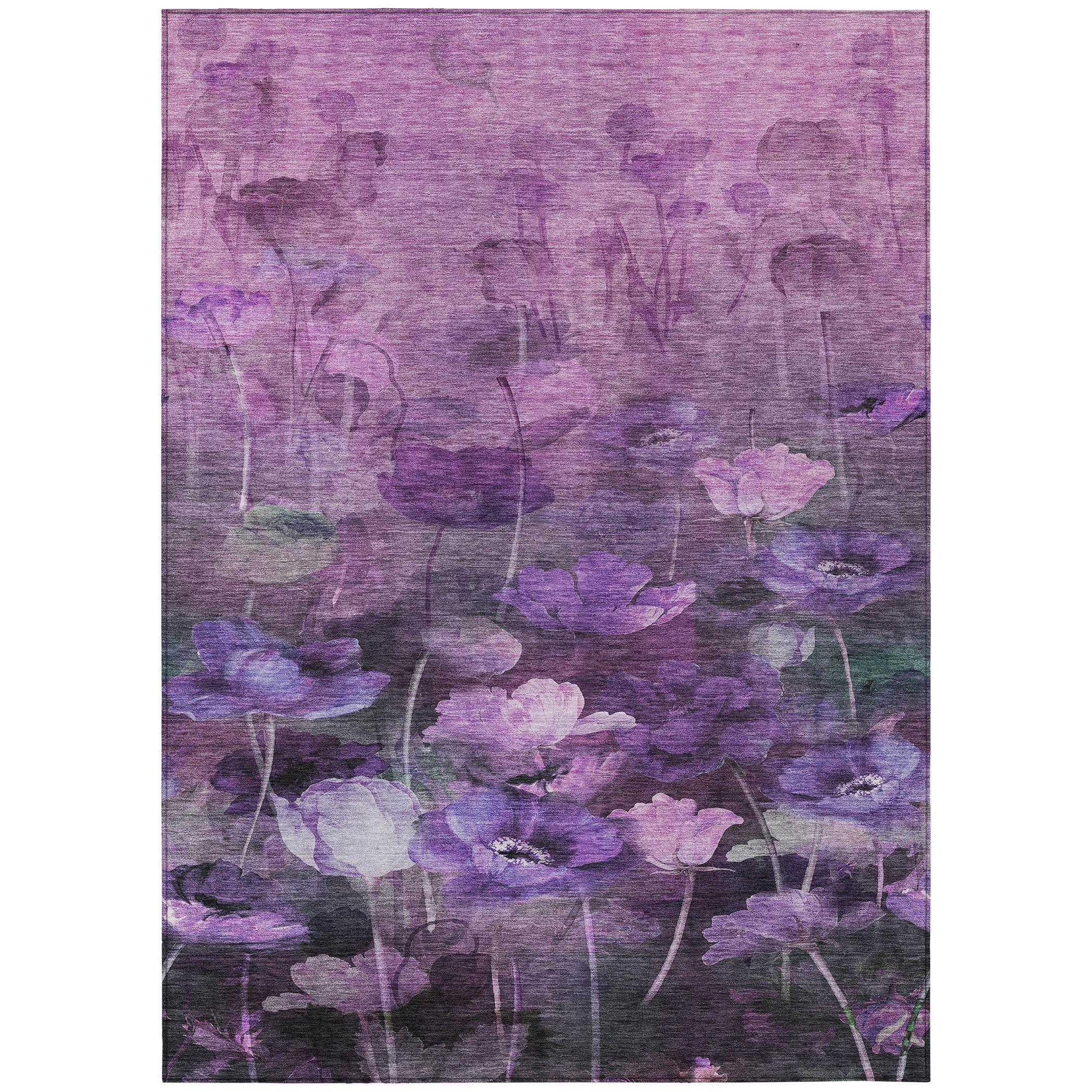 Purple Floral Machine Washable Rectangular Area Rug 5' x 7'