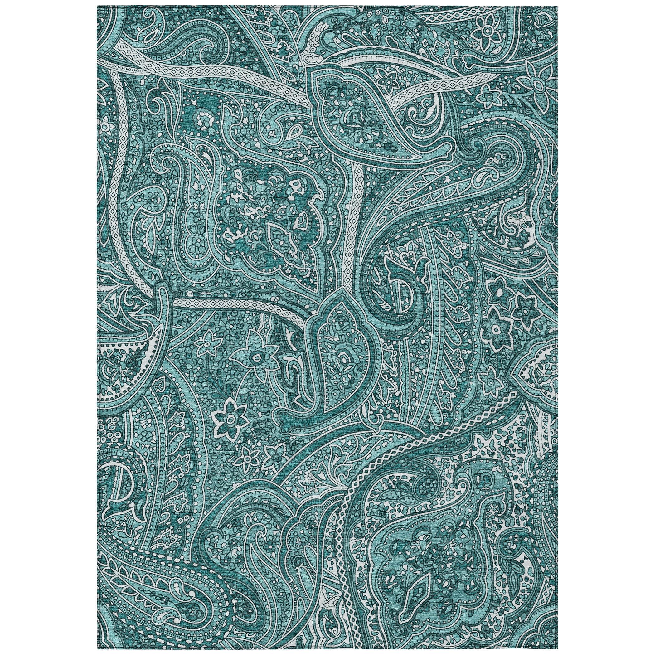 Teal Paisley 8' x 10' Machine Washable Indoor Outdoor Rug