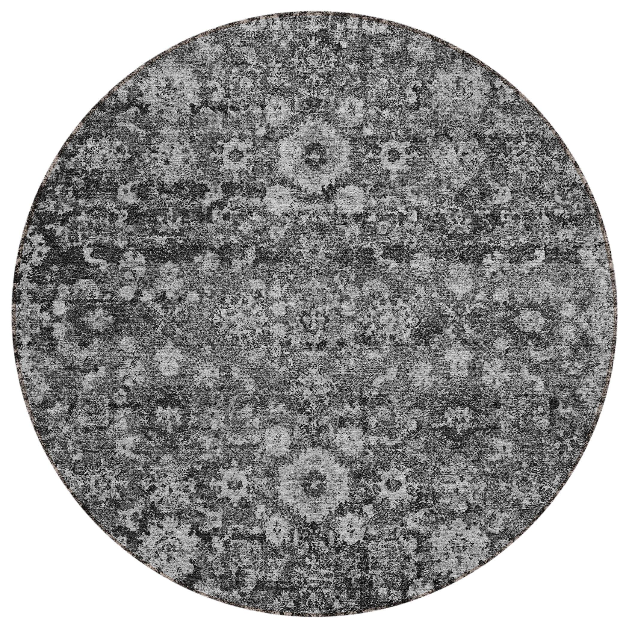 Gray Round Machine-Washable Vintage Floral Rug 8'