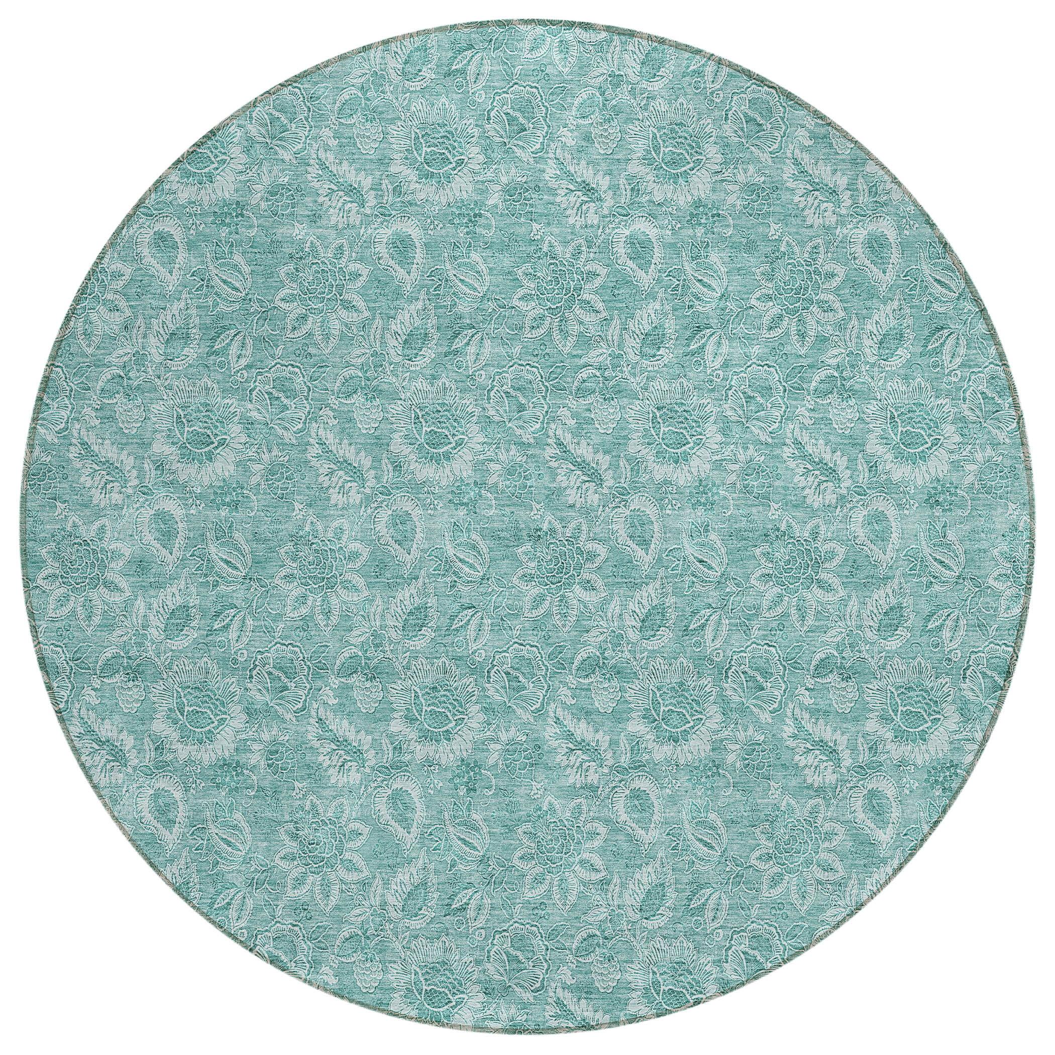 Teal Floral Round Machine Washable Synthetic Rug 8 ft