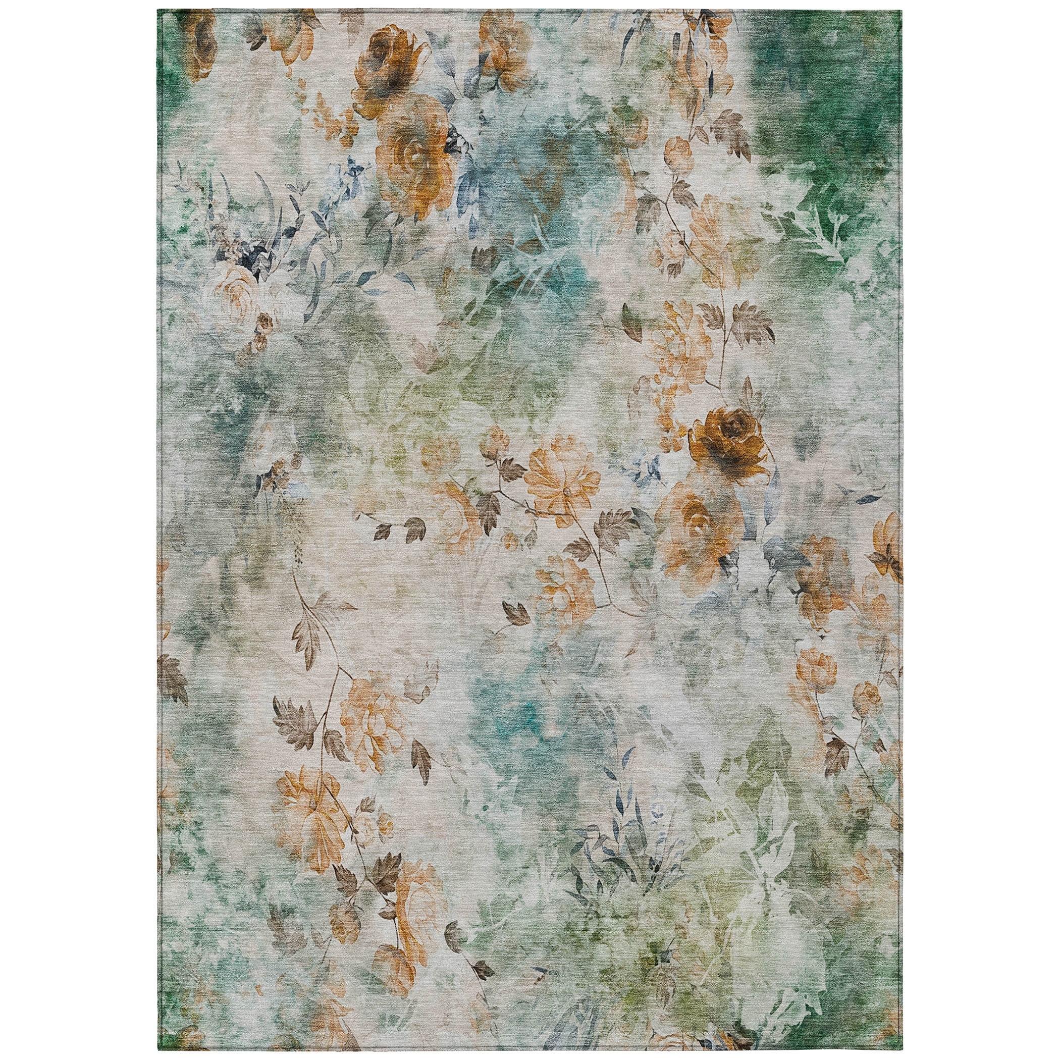 Teal Floral Machine Washable Indoor Outdoor Area Rug