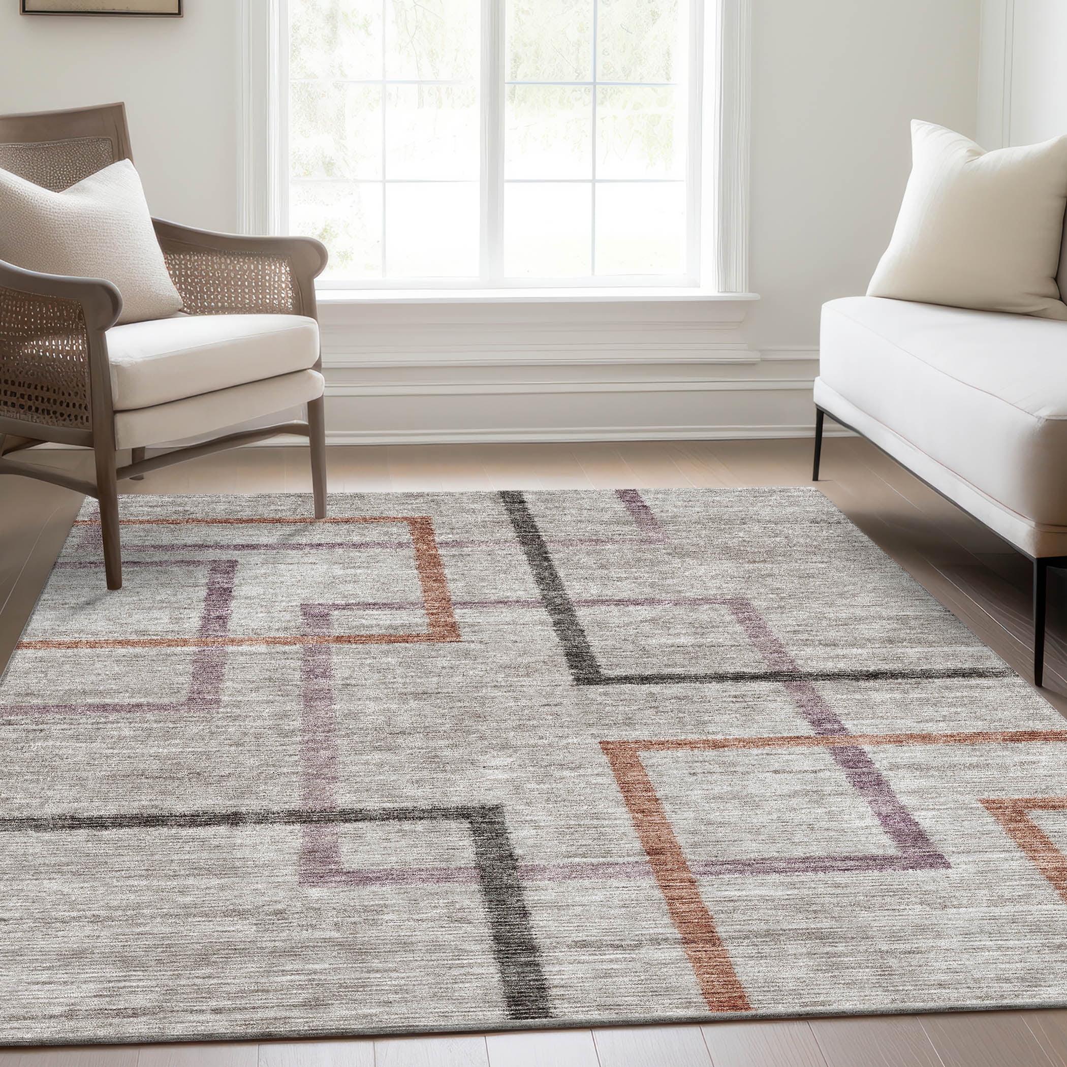 Taupe Geometric Synthetic Indoor/Outdoor Washable Rug 2'6" x 3'10"