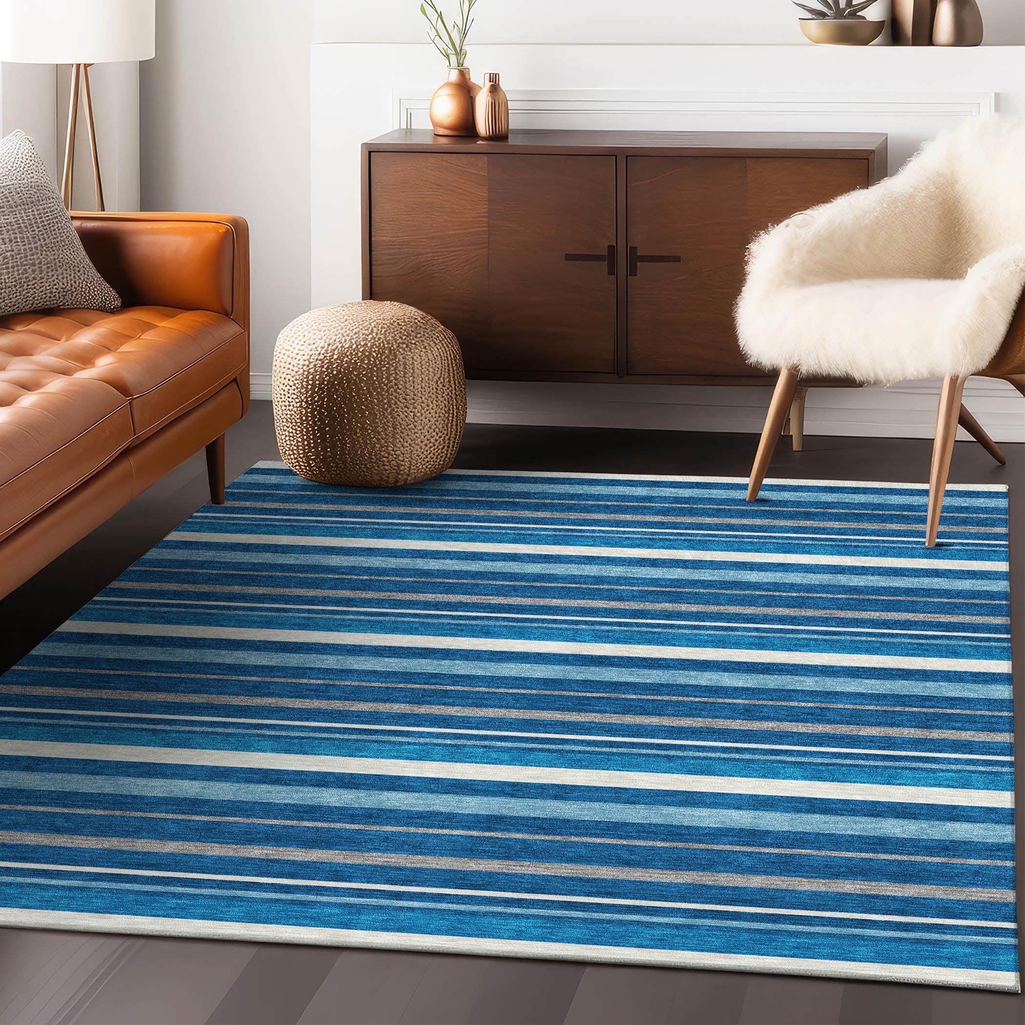 Denim Blue Striped Rectangular Indoor/Outdoor Rug 2'6" x 3'10"