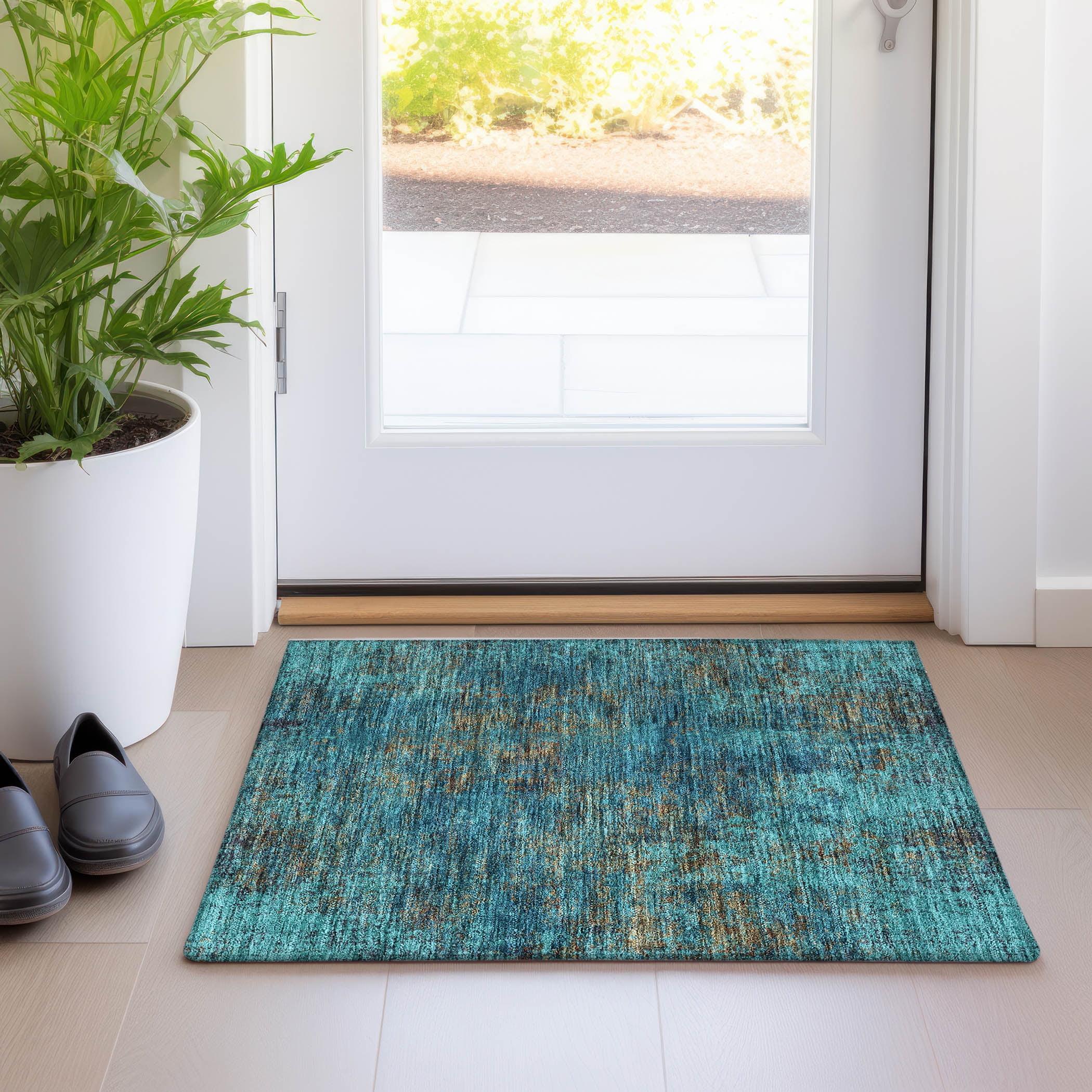 Teal Flat Woven Synthetic Indoor Outdoor Rug 1'8" x 2'6"