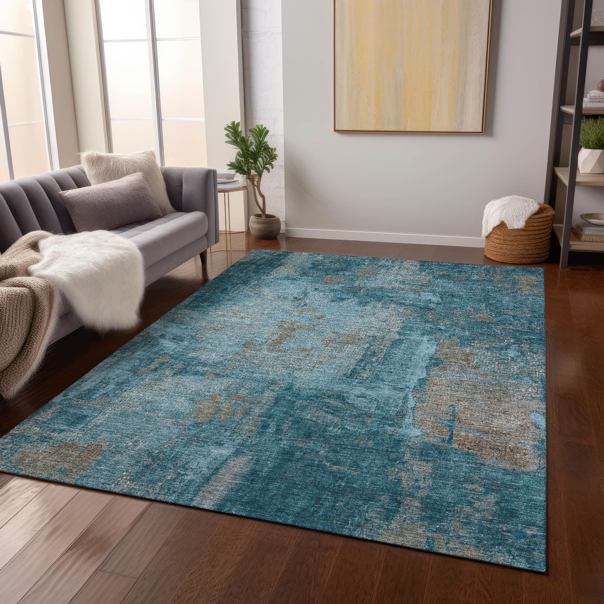 Teal Abstract Flat Woven Washable Synthetic Area Rug