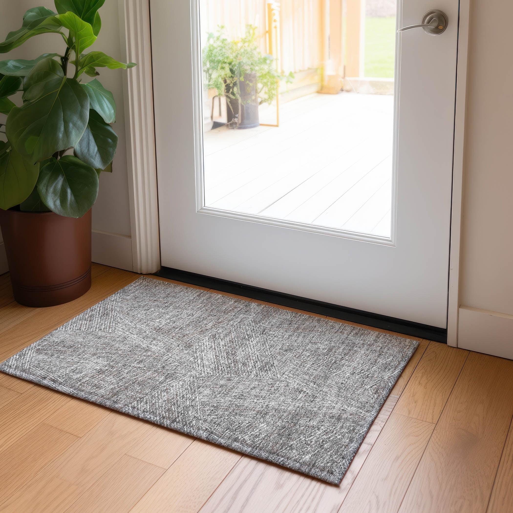 Gray Rectangular Machine Washable Synthetic Indoor Outdoor Rug