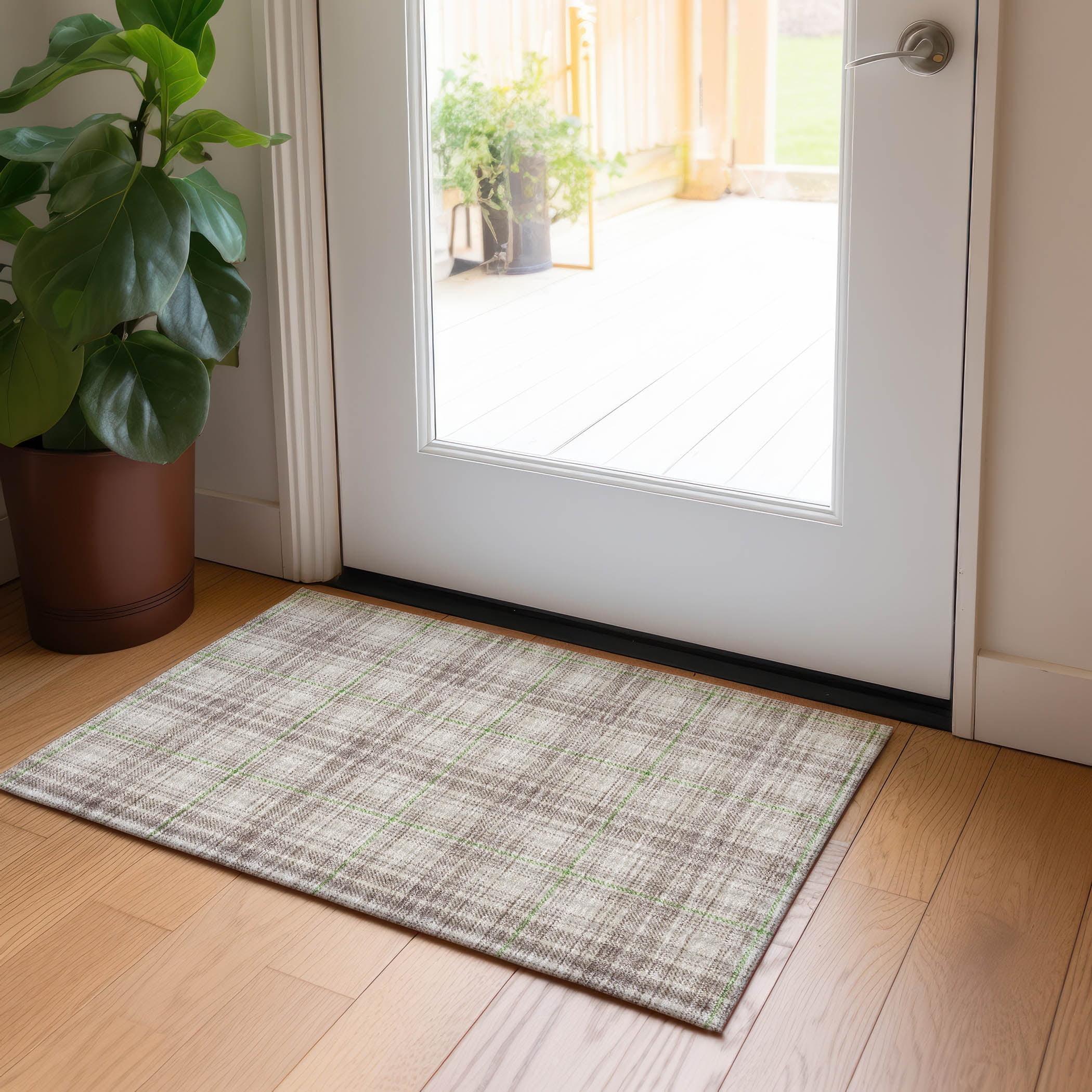 Beige Plaid Synthetic Washable Indoor/Outdoor Rug 1'8" x 2'6"