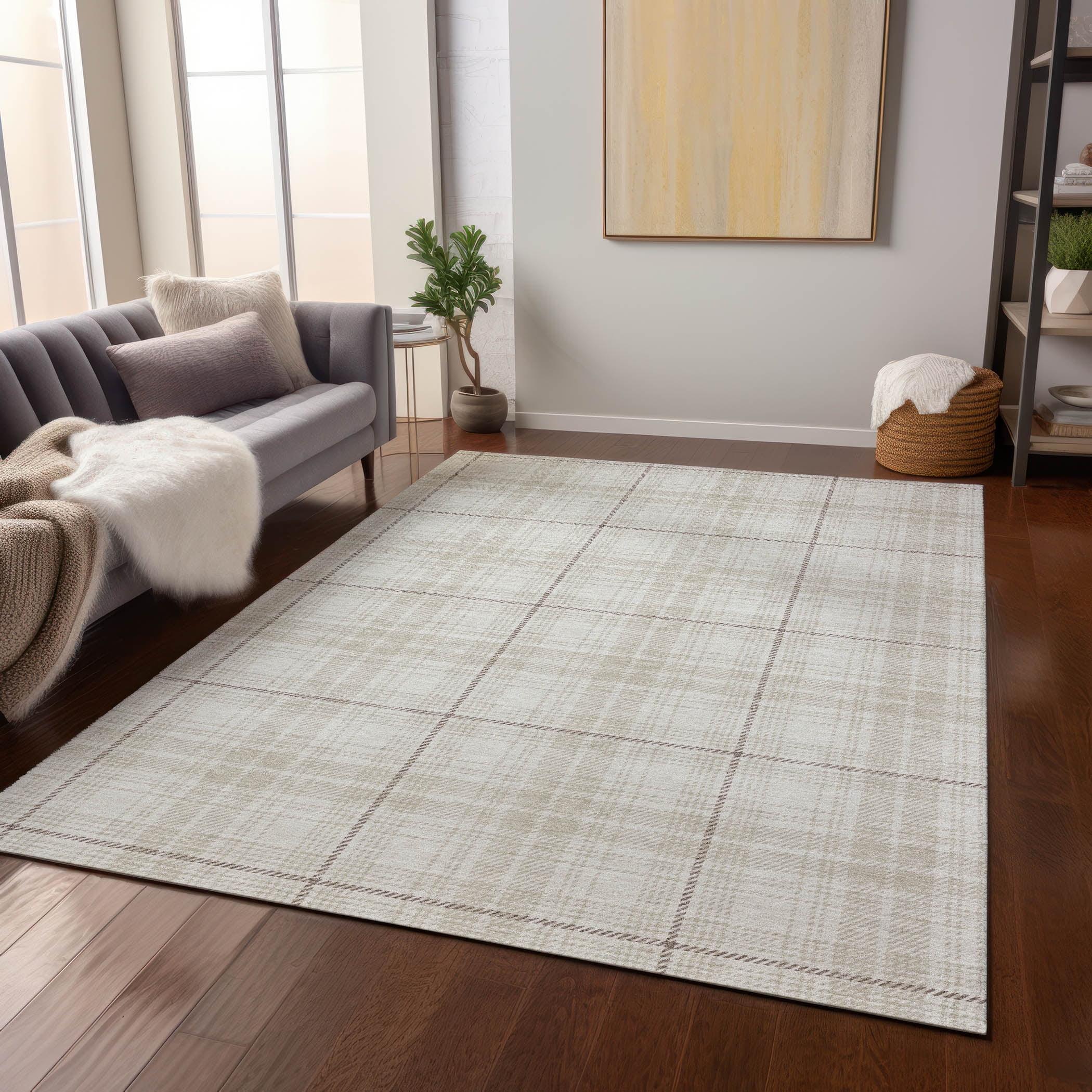 Ivory Plaid 5' x 7' Synthetic Flat Woven Washable Rug