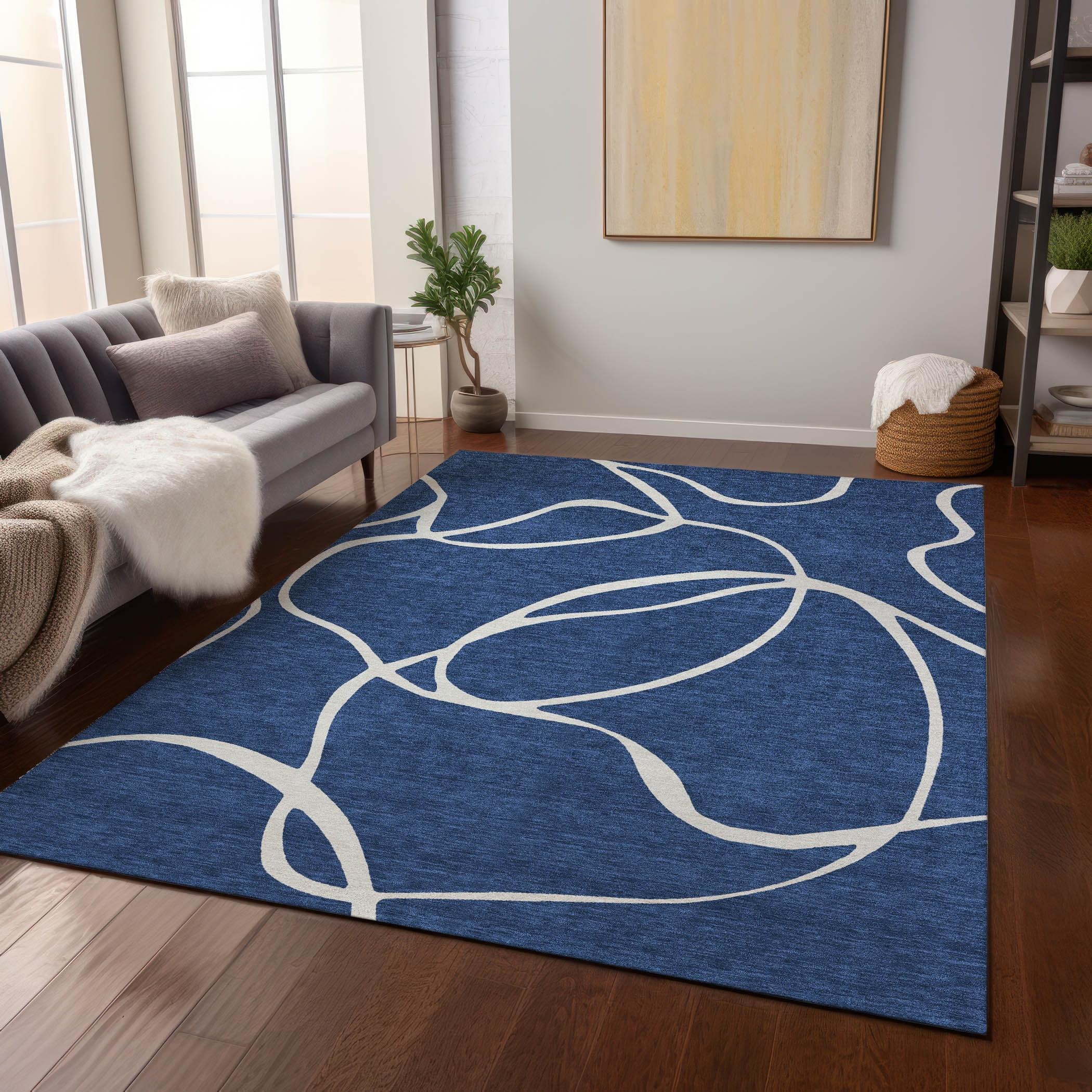 Navy and White Synthetic Flat Woven Washable Rug