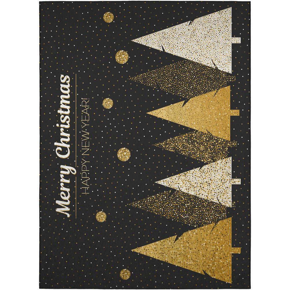 Black and Gold Abstract Christmas Tree Washable Rug 5' x 7'