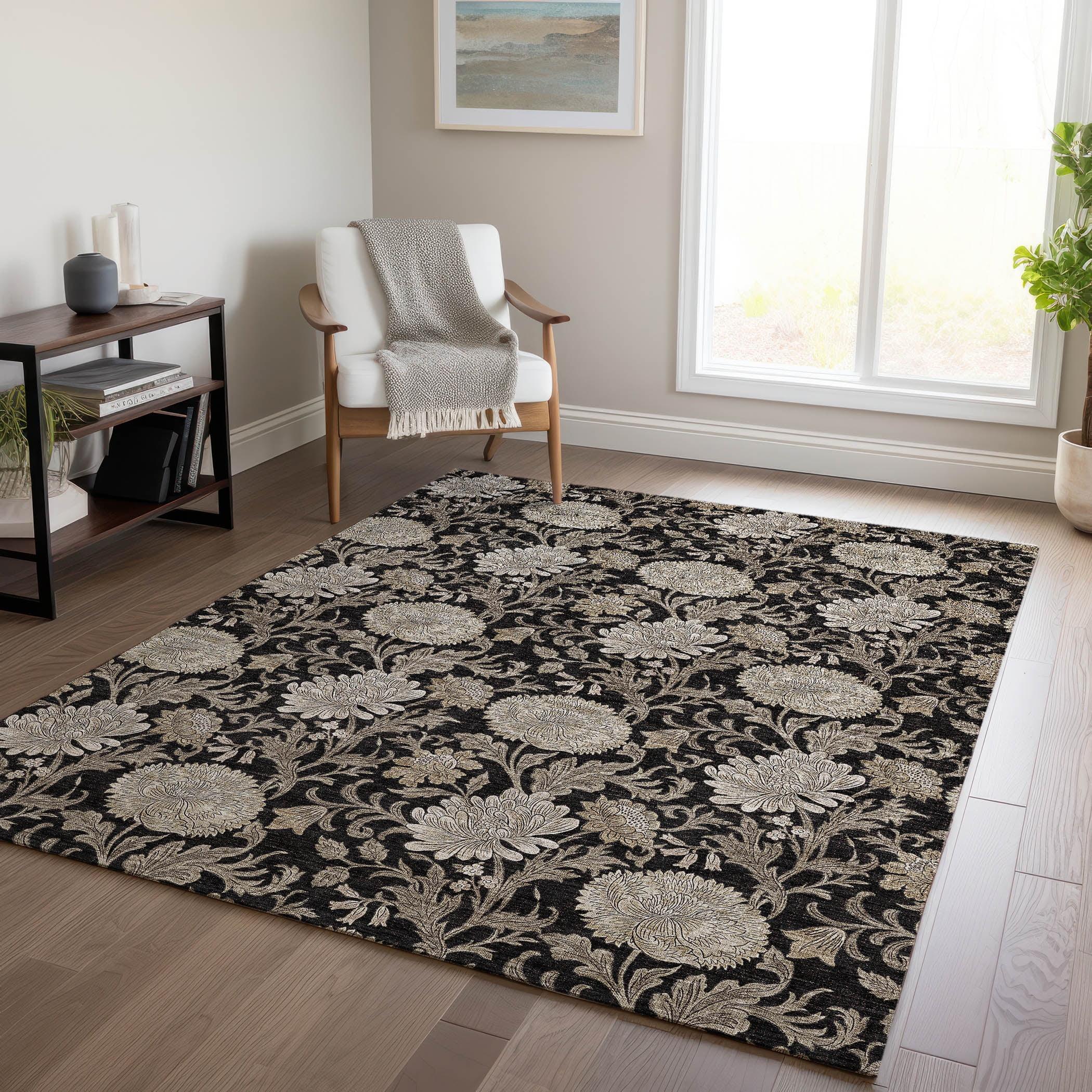 Addison Rugs Chantille Indoor/Outdoor Transitional Floral Black Washable Rectangle Rug, 5' x 7'6"