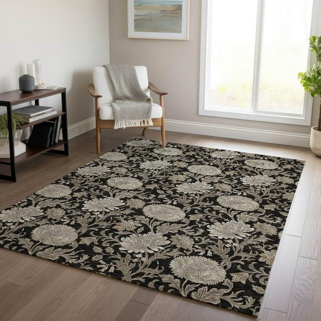 Addison Rugs Chantille Indoor/Outdoor Transitional Floral Black Washable Rectangle Rug, 5' x 7'6"
