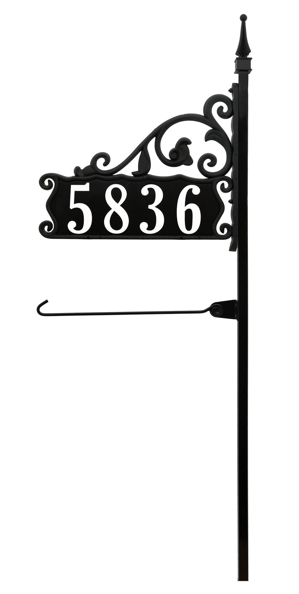 Black Metal Reflective Address Plaque with Flagpole