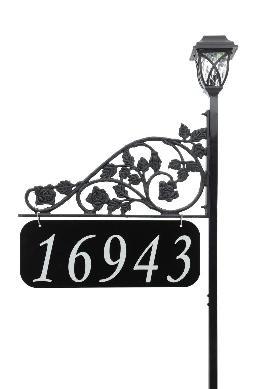 Handcrafted Black Metal Address Sign with Solar Light and 58" Pole