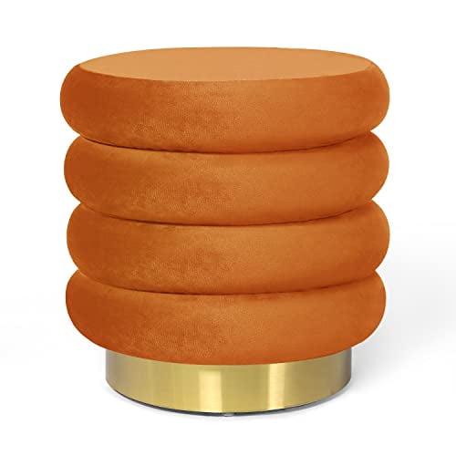 Orange Velvet Round Ottoman with Gold Metal Base