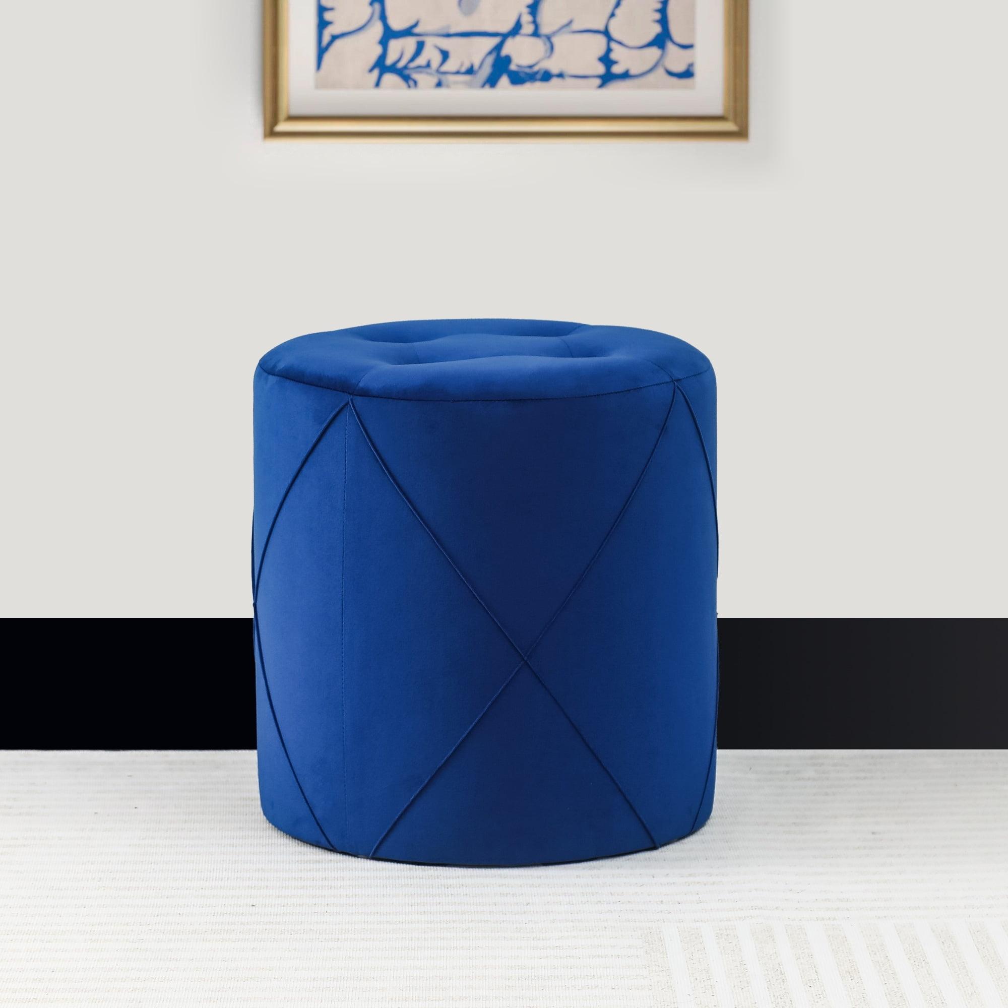 Dark Blue Velvet Round Tufted Pouf Ottoman