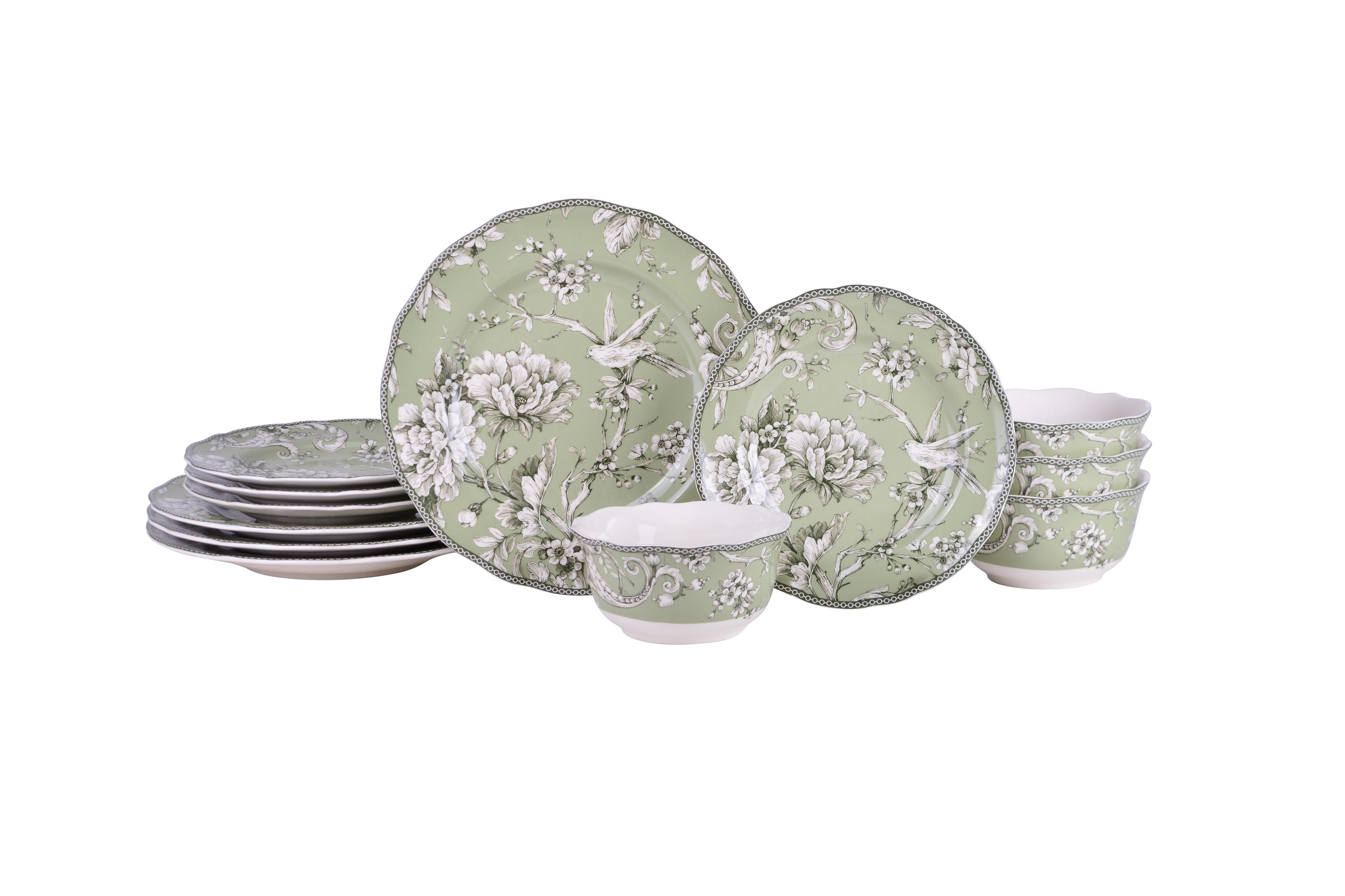 Adelaide Sage Green Floral Porcelain 12-Piece Dinnerware Set