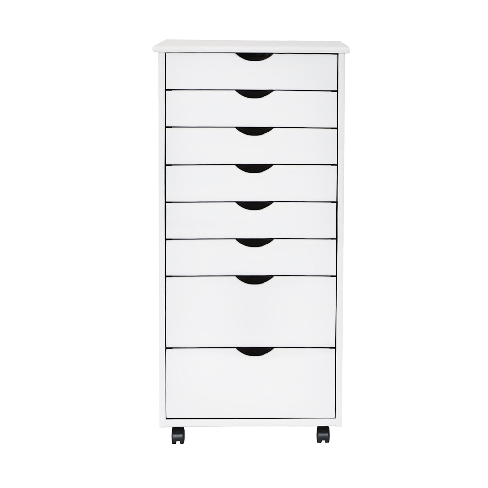 Whitewash Solid Pine 8-Drawer Extra Wide Mobile Cabinet with Casters