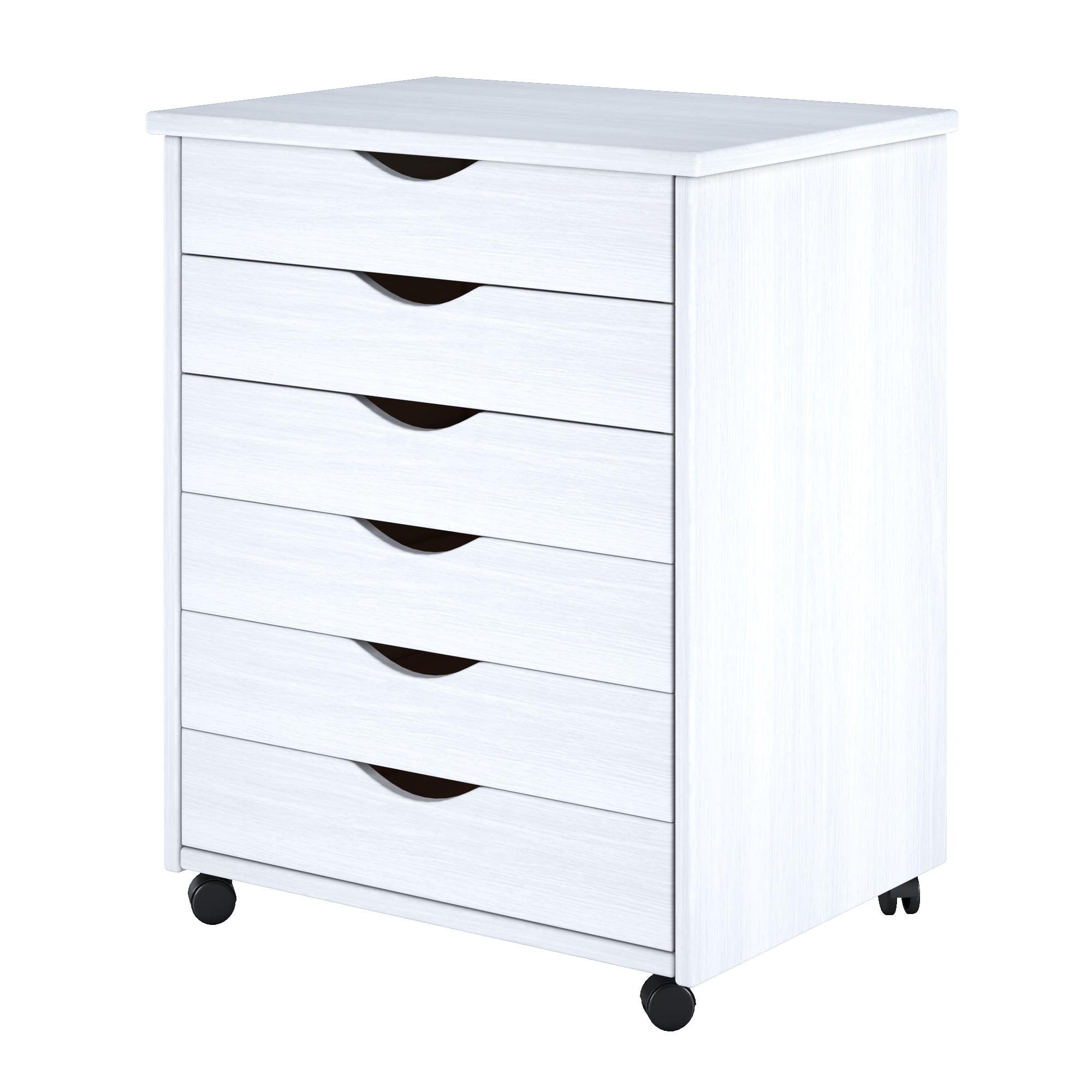 Sustainable Solid Pine 6-Drawer Wide Roll Cart in White