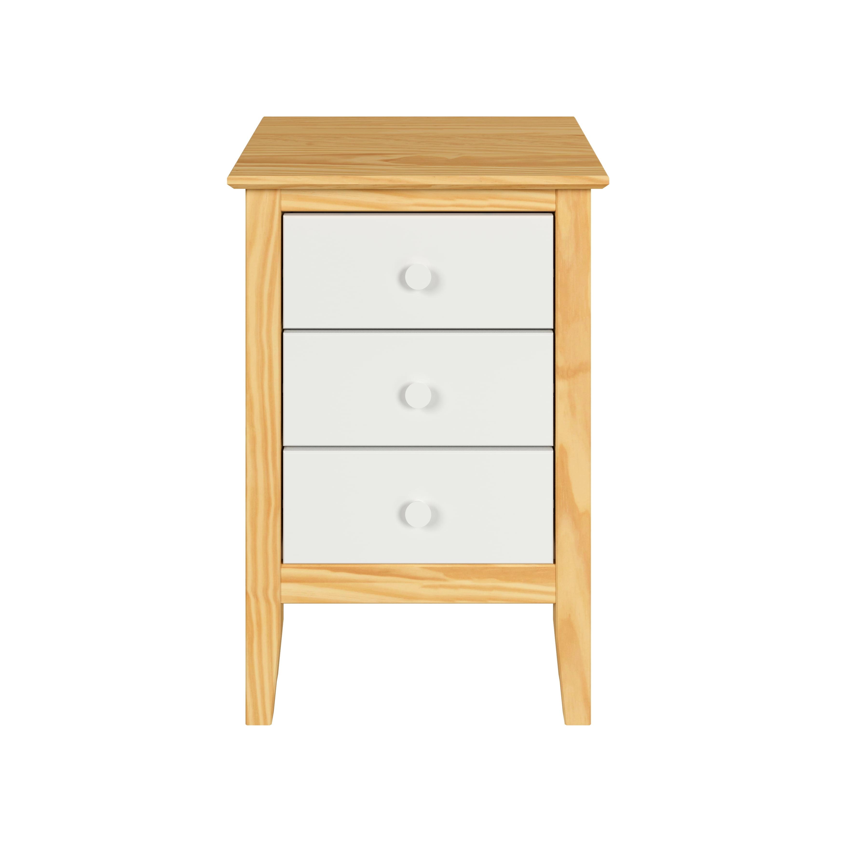 Solid Wood 3 Drawer End Table with White Front, White & Natural Knobs, Natural