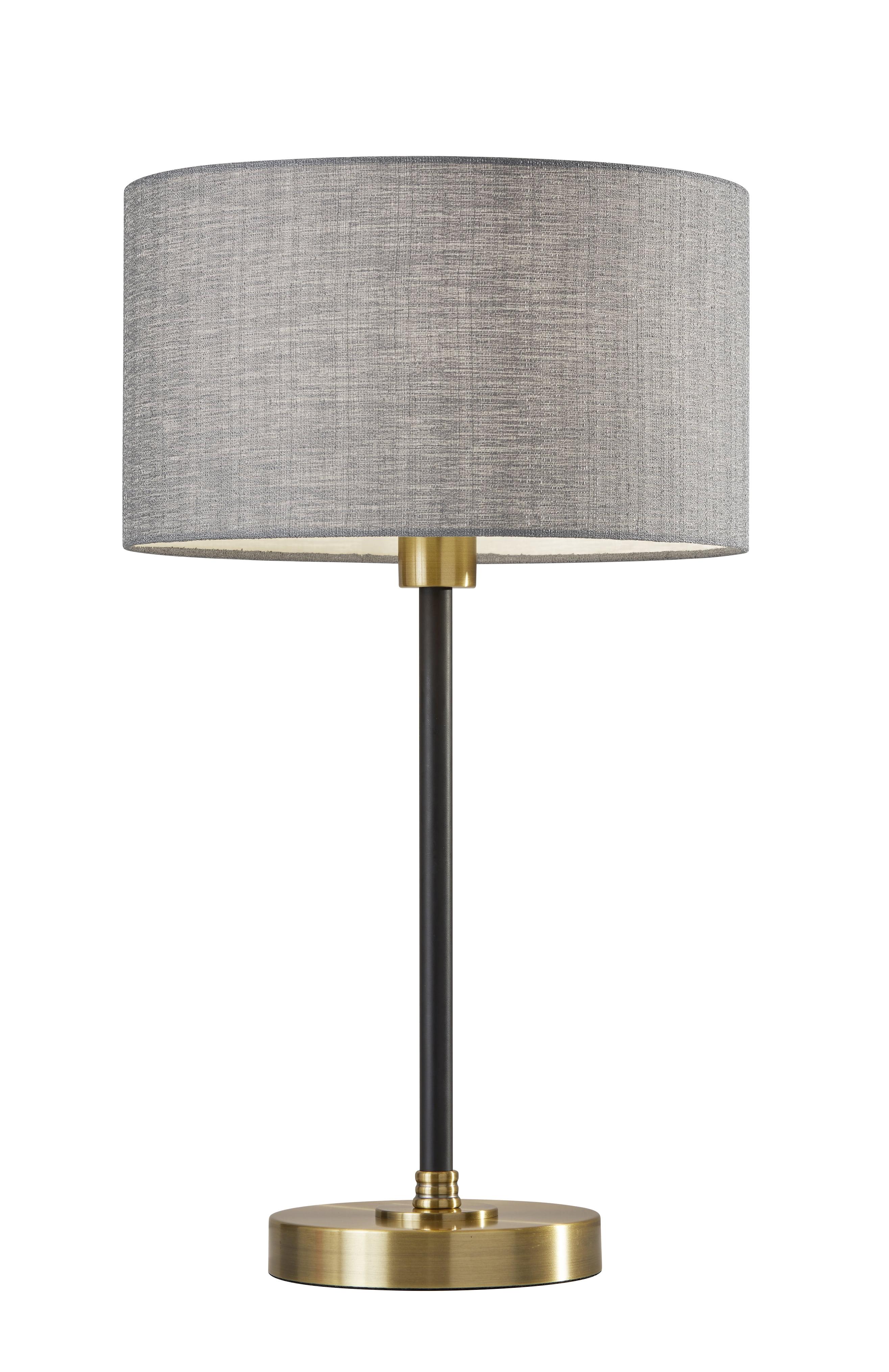 24" Black and Antique Brass Desk Lamp with Gray Fabric Shade