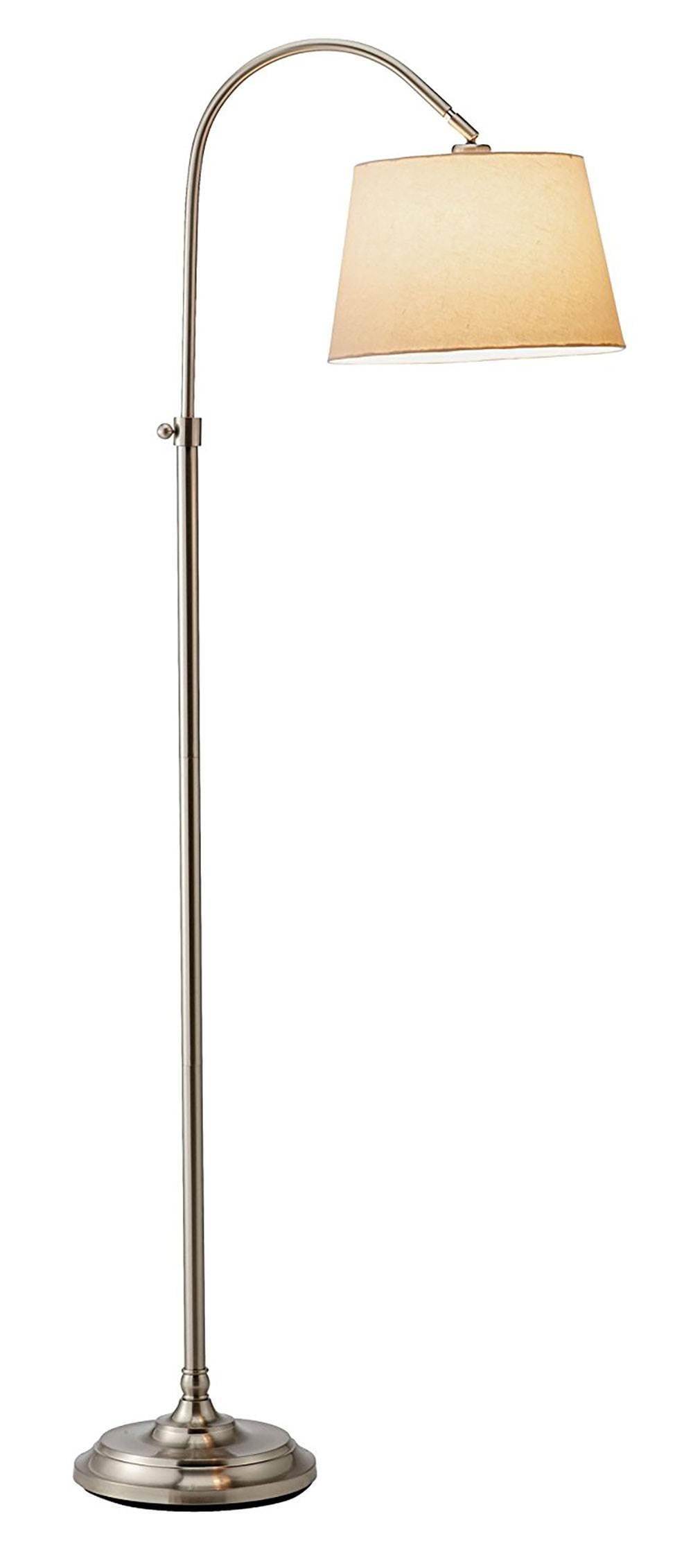 Bonnet Brushed Steel Arc Floor Lamp with Adjustable White Linen Shade
