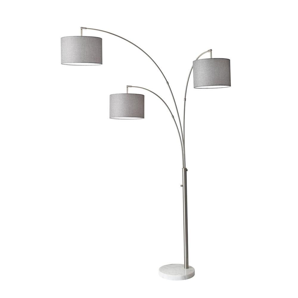 3-Arm Bowery Arc Lamp Brushed Steel - Adesso: Adjustable, Overhead Lighting with Marble Base