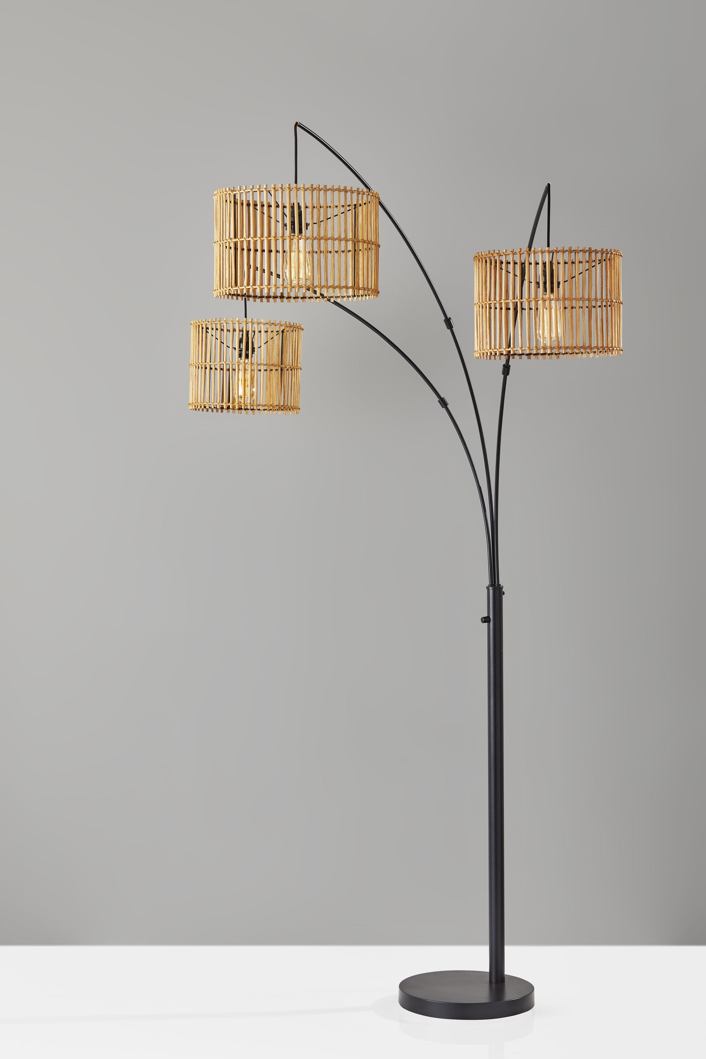 Bohemian Bronze 3-Light Arc Floor Lamp with Rattan Shades