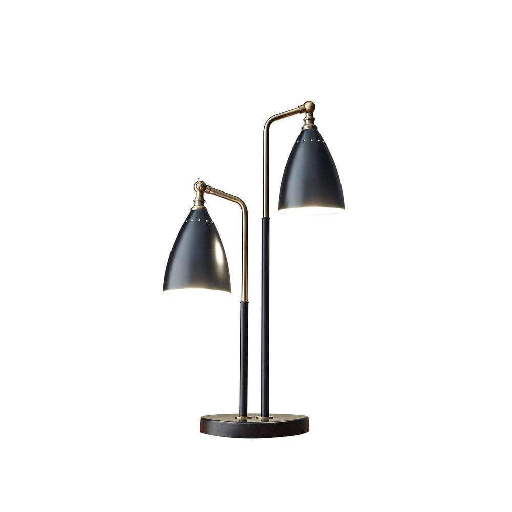 Adjustable Black Metal Two-Light Table Lamp with Brass Accents