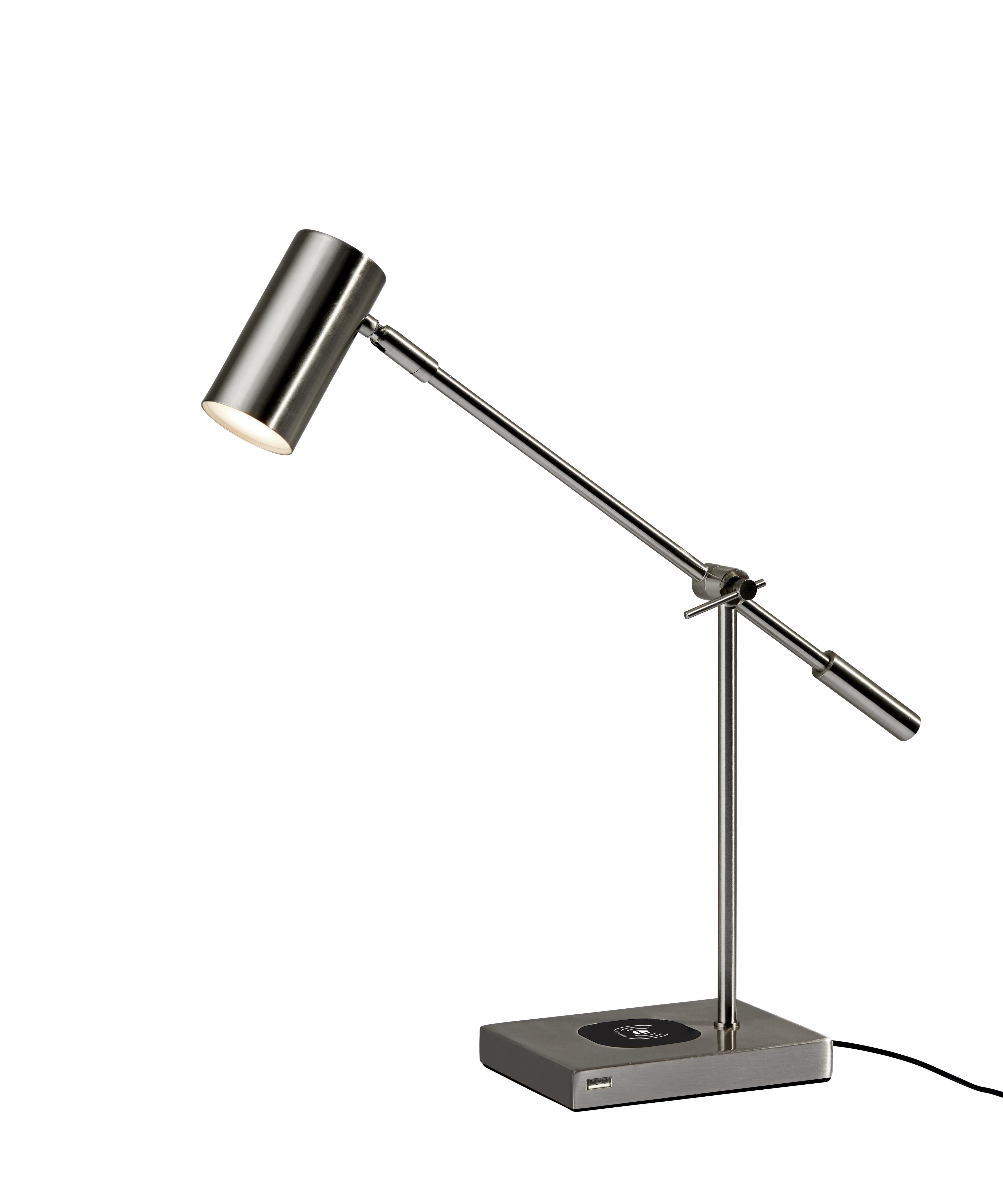 Flemings Brushed Steel Adjustable LED Desk Lamp with USB & Qi Charging