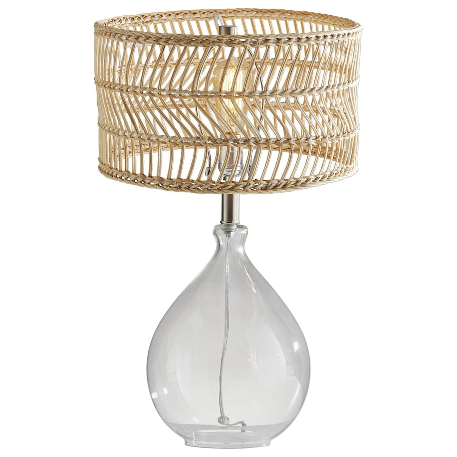 Teardrop Clear Glass and Brushed Steel Table Lamp with Rattan Shade