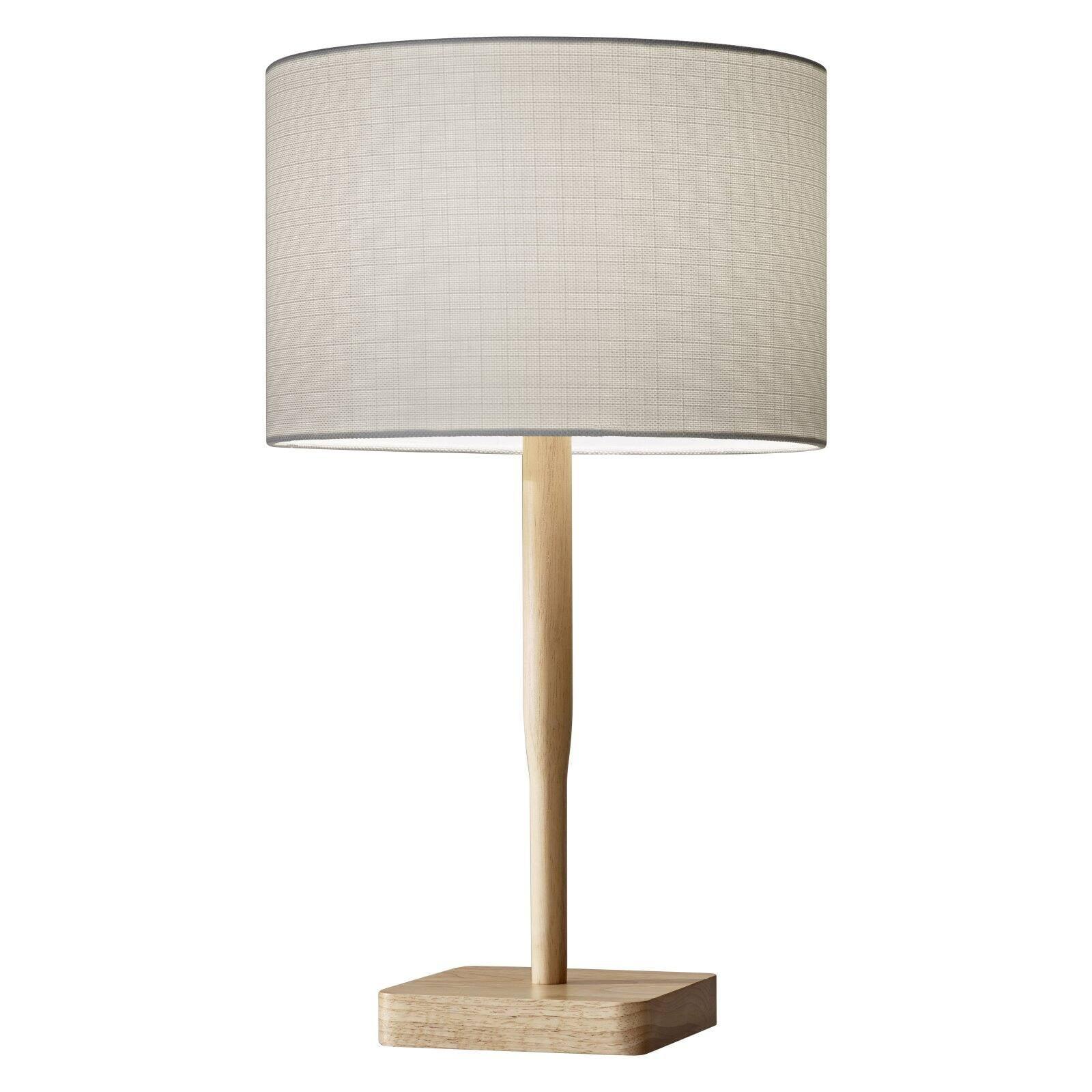 Natural Rubber Wood Table Lamp with Gray Drum Shade