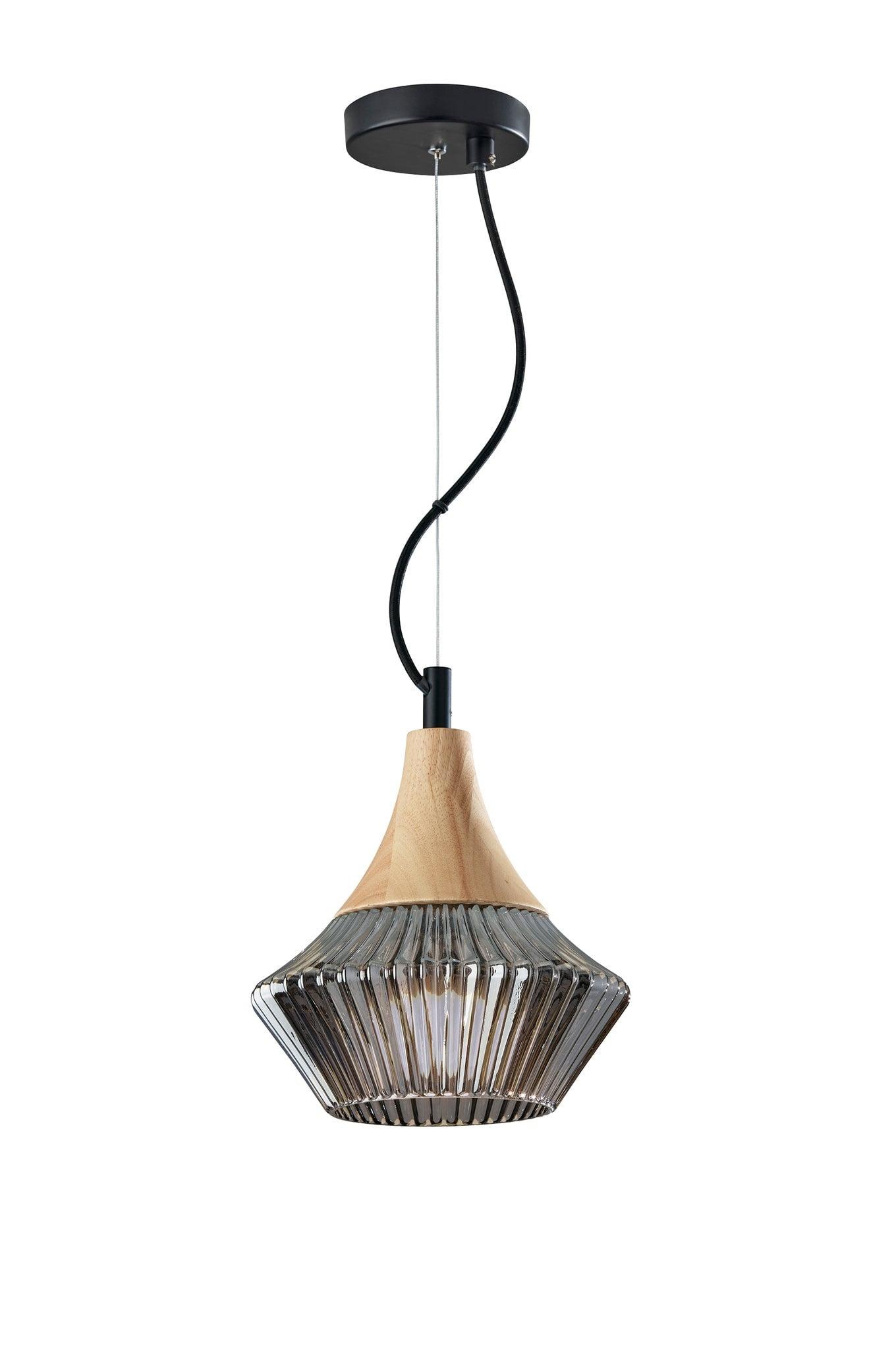 Elsie Black and Natural Wood Ribbed Glass Pendant Light