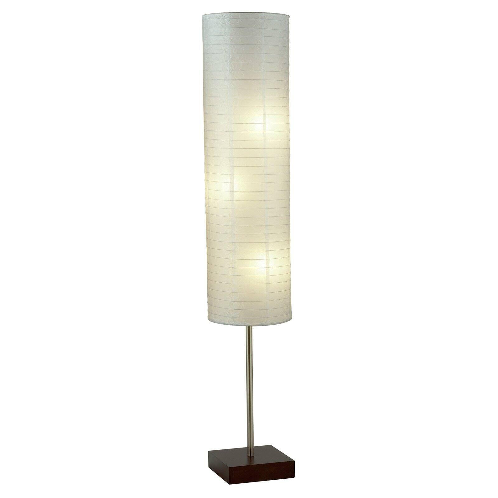 White Rice Paper and Steel Floor Lamp with Wooden Base