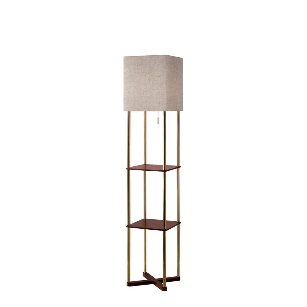 Adesso 62.25" Harrison Shelf Floor Lamp Brass: Wood Material, Electric Power, UL Listed, E26 Socket